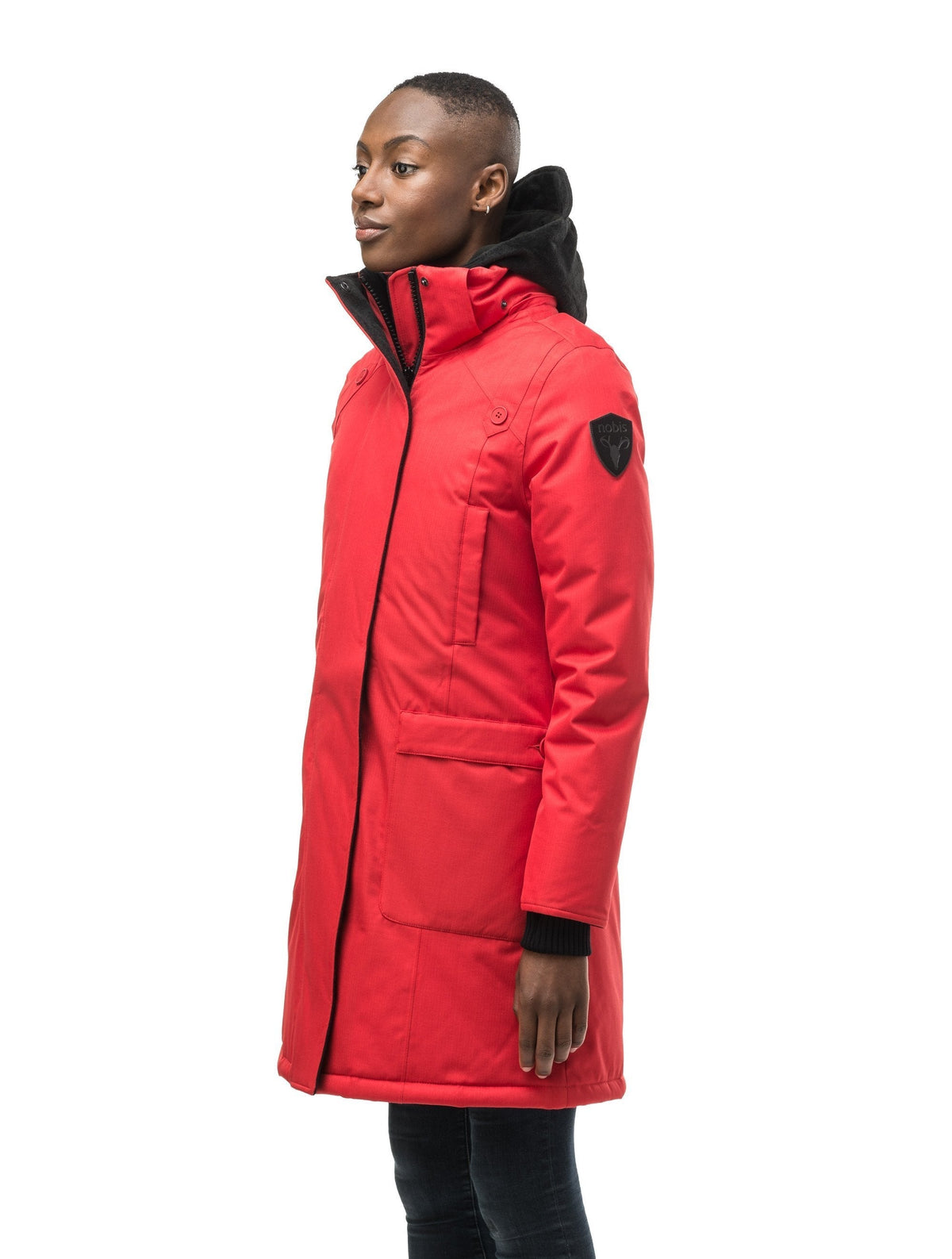 Best selling women's down filled knee length parka with removable down filled hood in Red