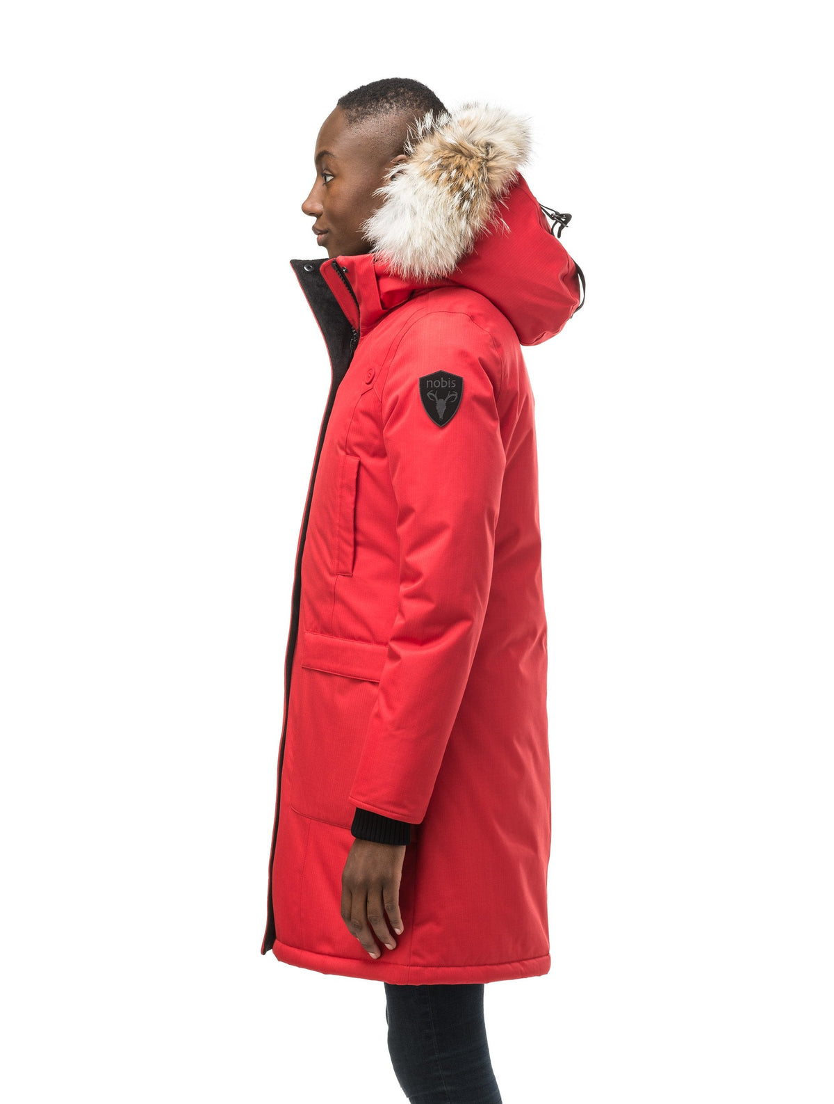Best selling women's down filled knee length parka with removable down filled hood in Red