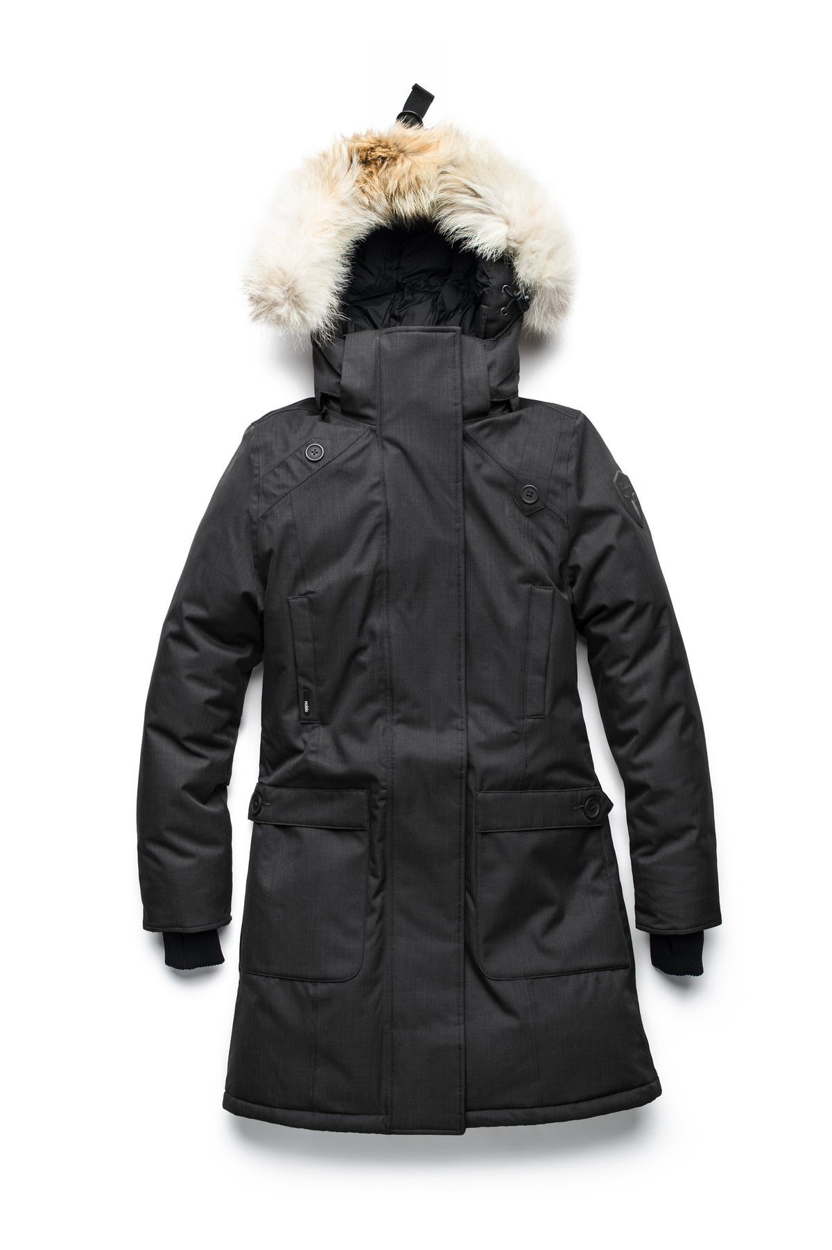 Best selling women's down filled knee length parka with removable down filled hood in Black