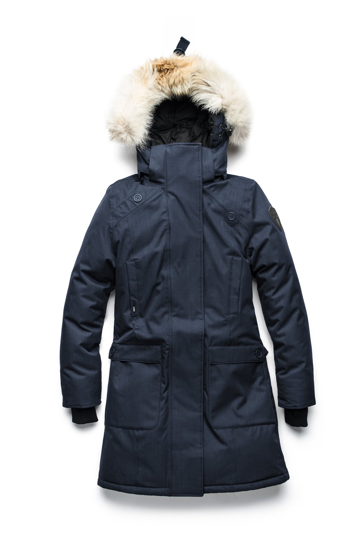 Best selling women's down filled knee length parka with removable down filled hood in Navy