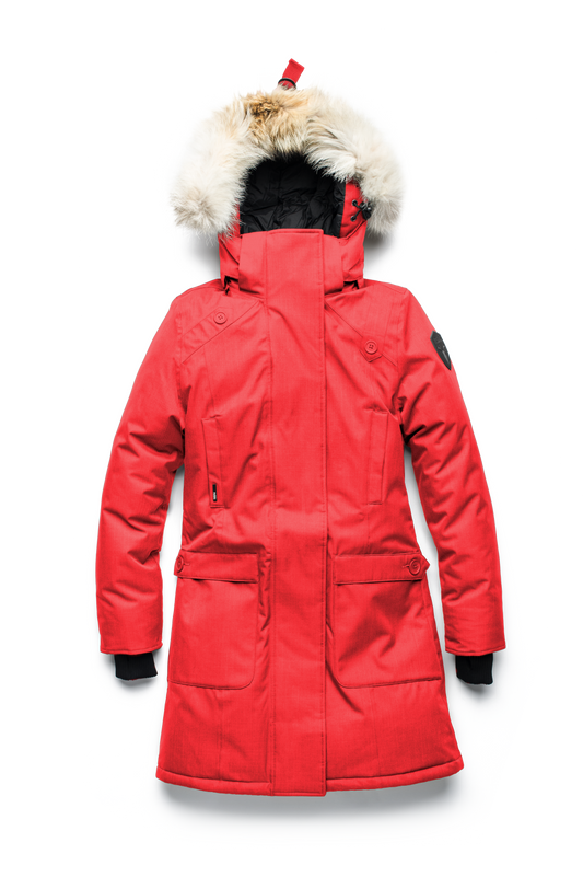 Best selling women's down filled knee length parka with removable down filled hood in CH Red + CH Red