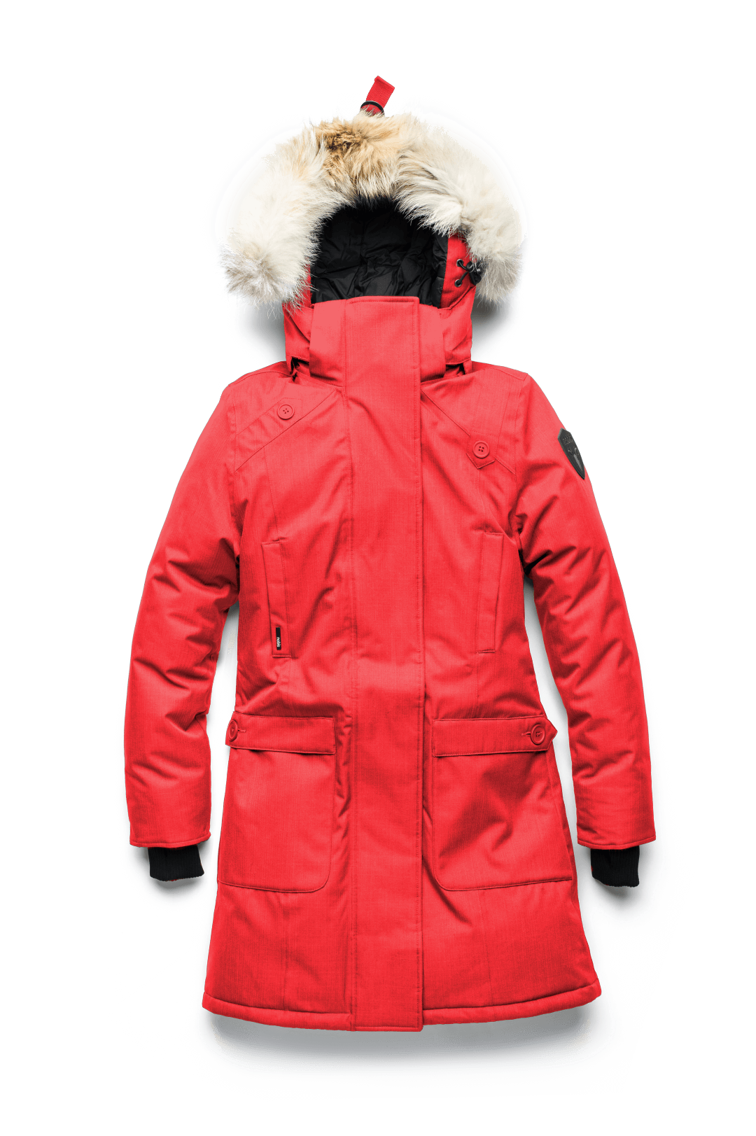 Best selling women's down filled knee length parka with removable down filled hood in Red