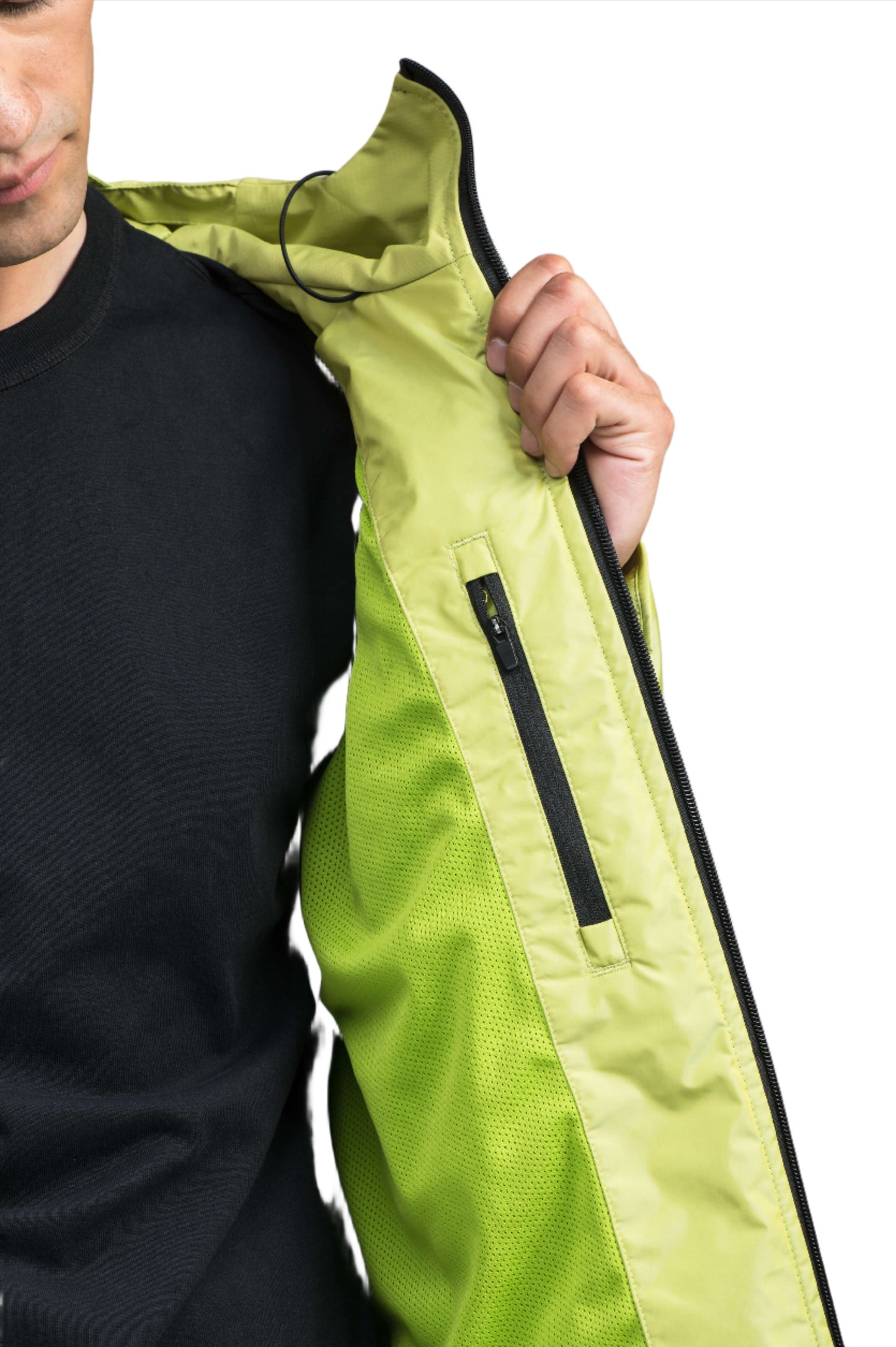 Mission Men's Performance Rain Shell Jacket in hip length, non-removable hood with adjustable toggle, two-way waterproof zipper, flap closure waist pockets with additional side entry storage, zipper ventilation on back, passive underarm ventilation, and breathable mesh lining, in Sulphur Spring