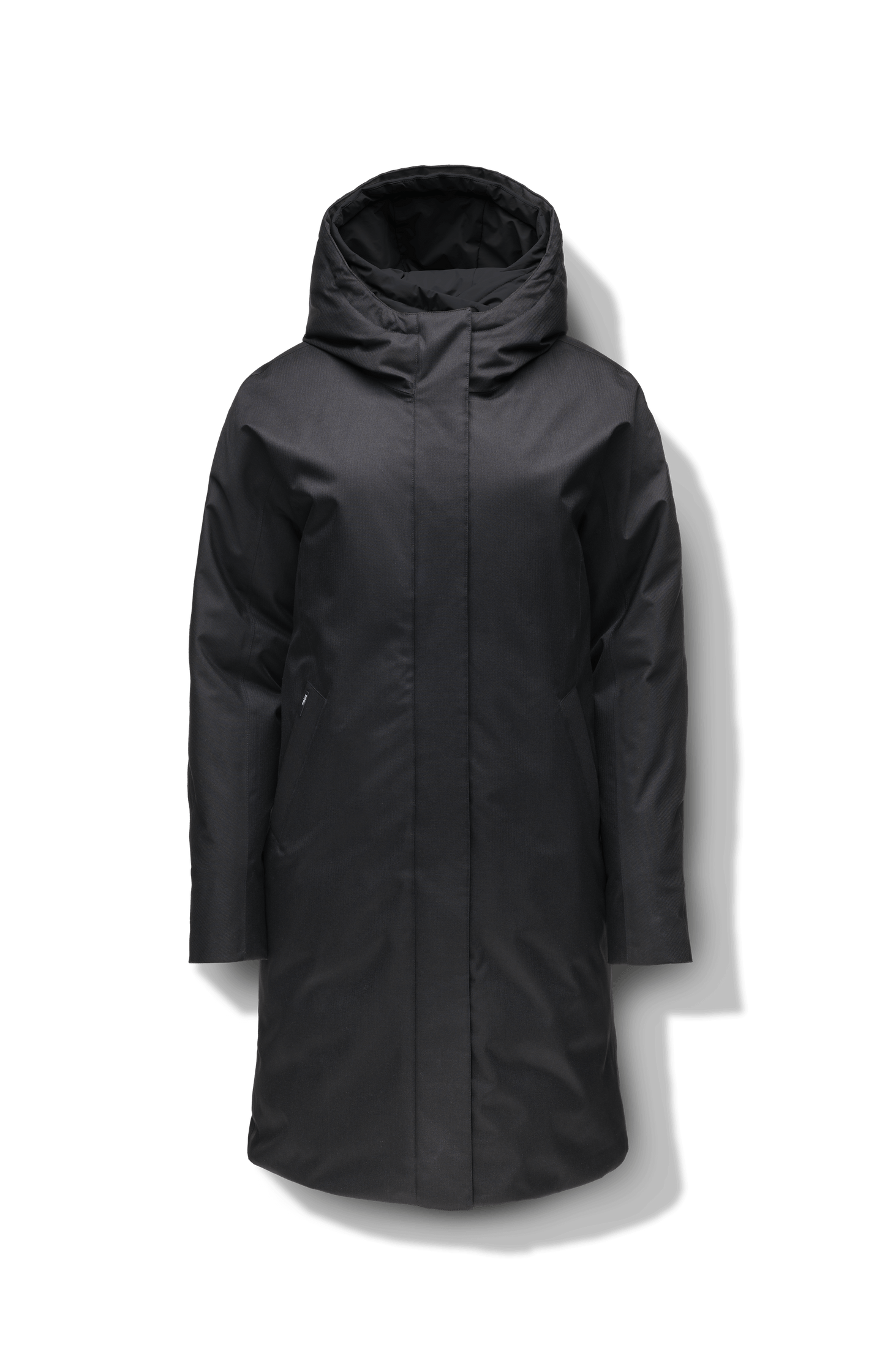 Dory Women's Tailored Back Zip Parka in knee length, premium Crosshatch fabrication, Premium Canadian White Duck Down insulation, non-removable down-filled hood, removable interior hood, centre front two-way zipper with wind flap, vertical zipper detailing along back, in Black