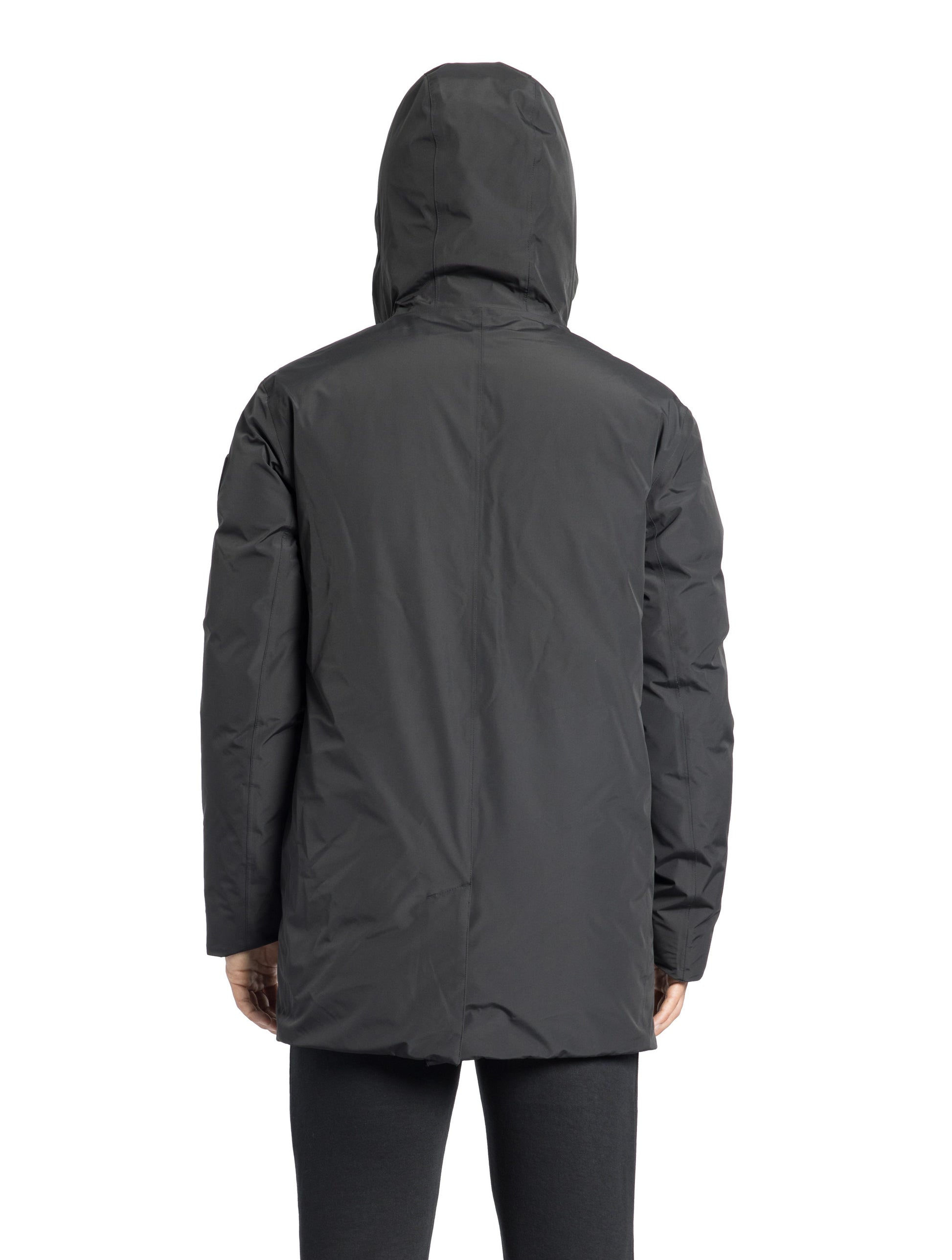 Kason Men's Light Down Parka in thigh length, premium 3-ply micro denier and stretch ripstop fabrication, Premium Canadian origin White Duck Down insulation, non-removable down-filled hood, two-way centre-front zipper, magnetic closure wind flap, fleece-lined pockets at chest and waist, flap pockets at waist, pit zipper vents, in Black