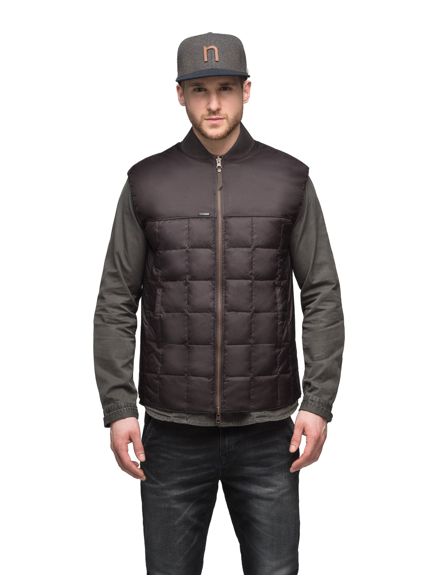 Quilted men's down filled vest in Dark Brown