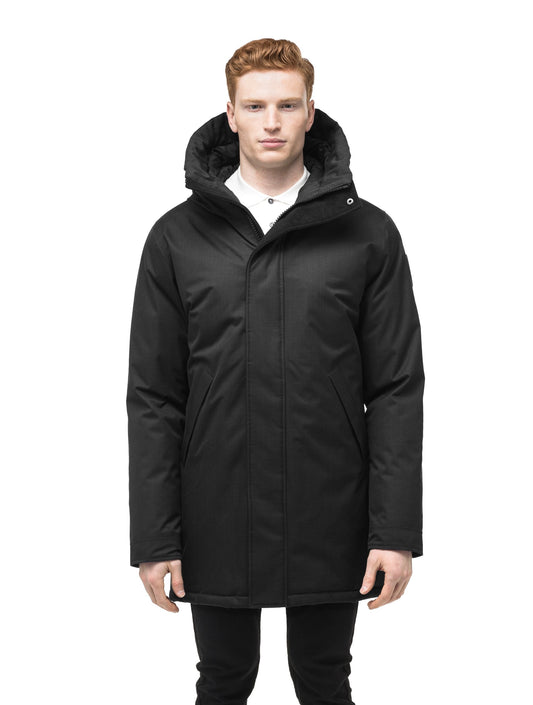 Pierre Men's Jacket in thigh length, Canadian white duck down insulation, non-removable down-filled hood, angled waist pockets, centre-front zipper with wind flap, and elastic ribbed cuffs, in CH Black + CH Black