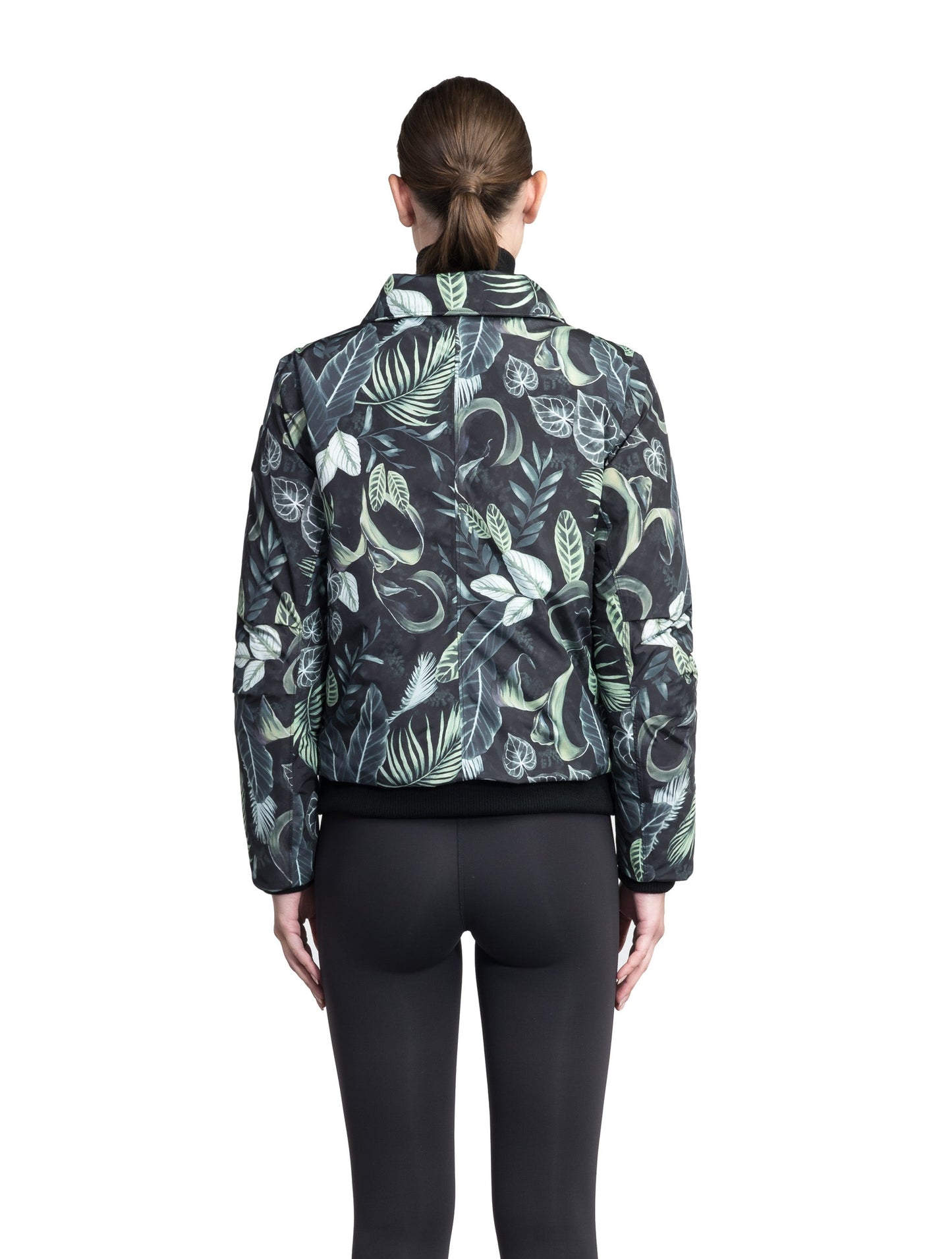 Rae Ladies Aviator Jacket in hip length, Canadian duck down insulation, removable shearling collar with hidden tuckable hood, and two-way front zipper, in Foliage