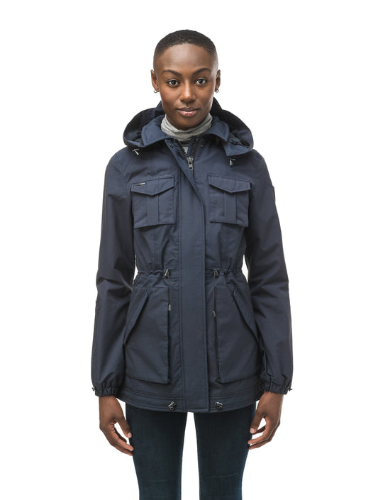 Women's hooded shirt jacket with four front pockets and adjustable waist in Navy + Navy