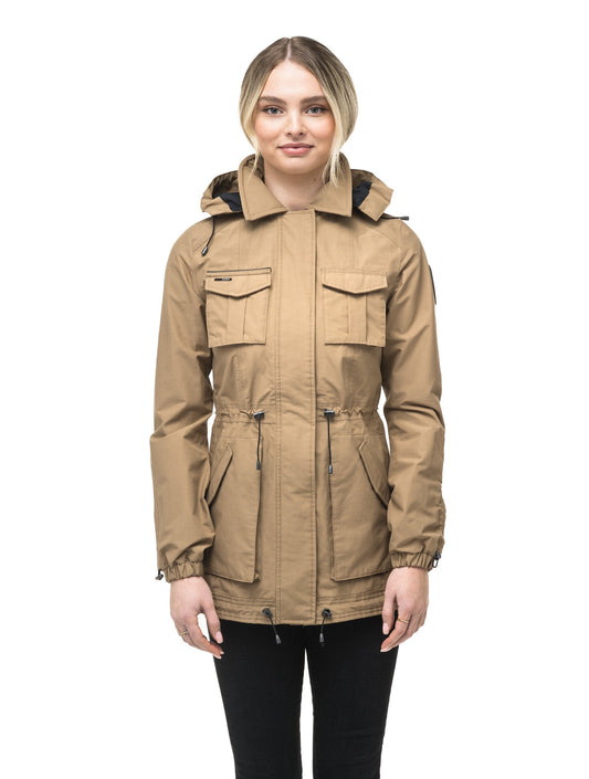Women's hooded shirt jacket with four front pockets and adjustable waist in Lt Grey + Light Grey
