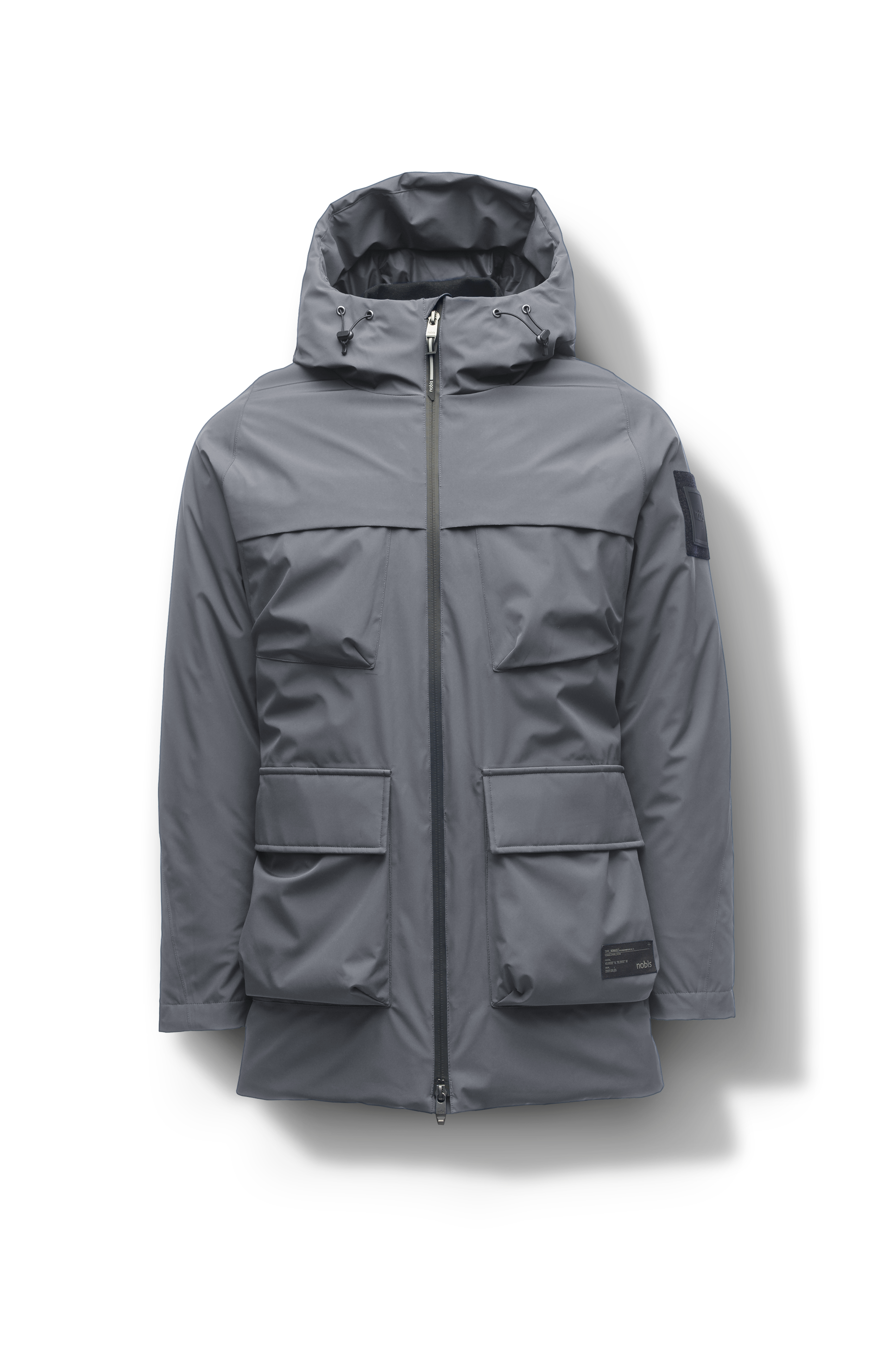 Ronin Men's Performance Utility Jacket in thigh length, premium 3-ply micro denier and stretch ripstop fabrication, Premium Canadian origin White Duck Down insulation, non-removable down-filled hood, bellow chest pockets, magnetic closure waist flap pockets, two-way centre-front zipper, pit zipper vents, hidden adjustable waist drawcord, in Concrete