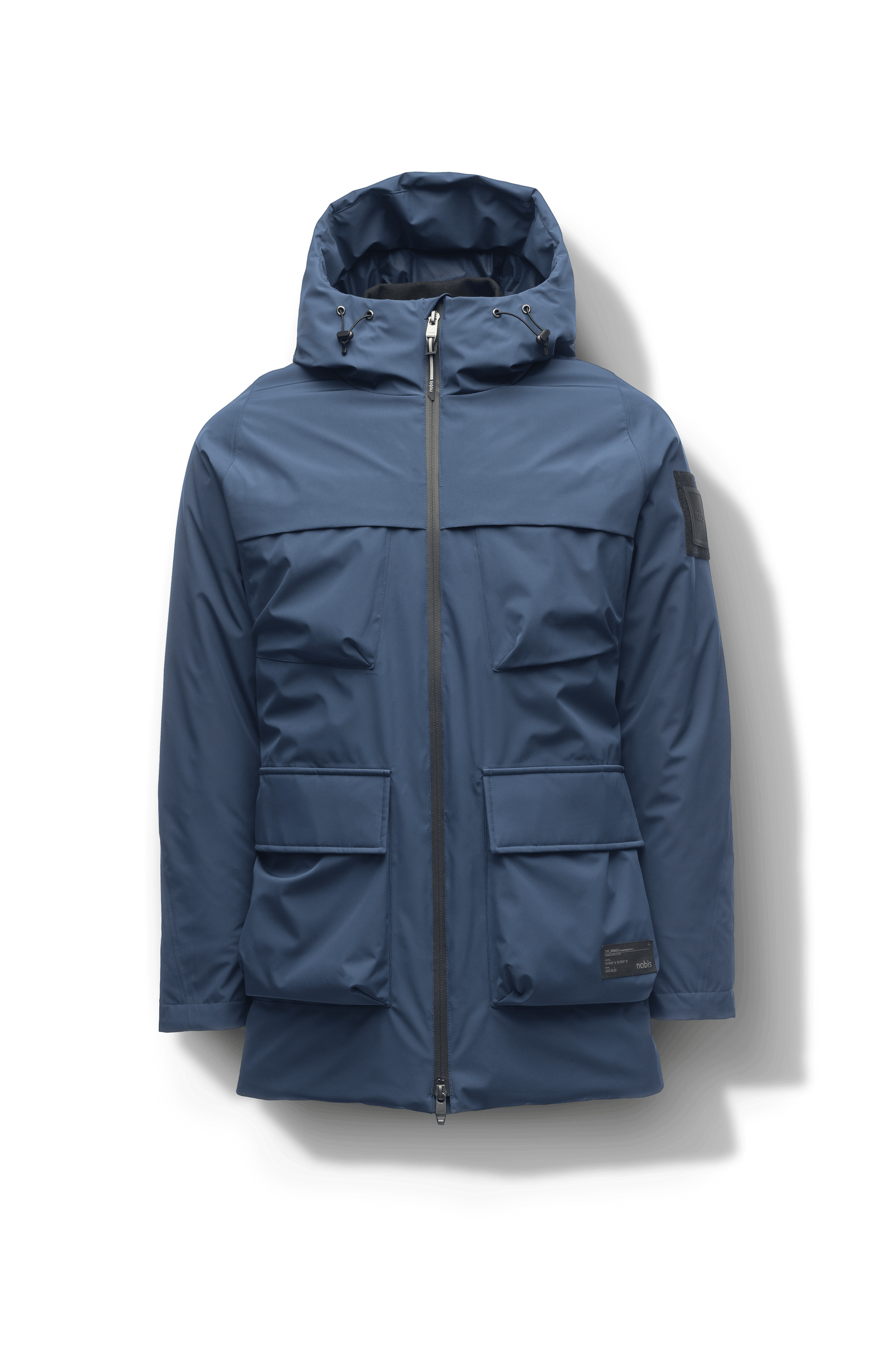 Ronin Men's Performance Utility Jacket in thigh length, premium 3-ply micro denier and stretch ripstop fabrication, Premium Canadian origin White Duck Down insulation, non-removable down-filled hood, bellow chest pockets, magnetic closure waist flap pockets, two-way centre-front zipper, pit zipper vents, hidden adjustable waist drawcord, in Marine