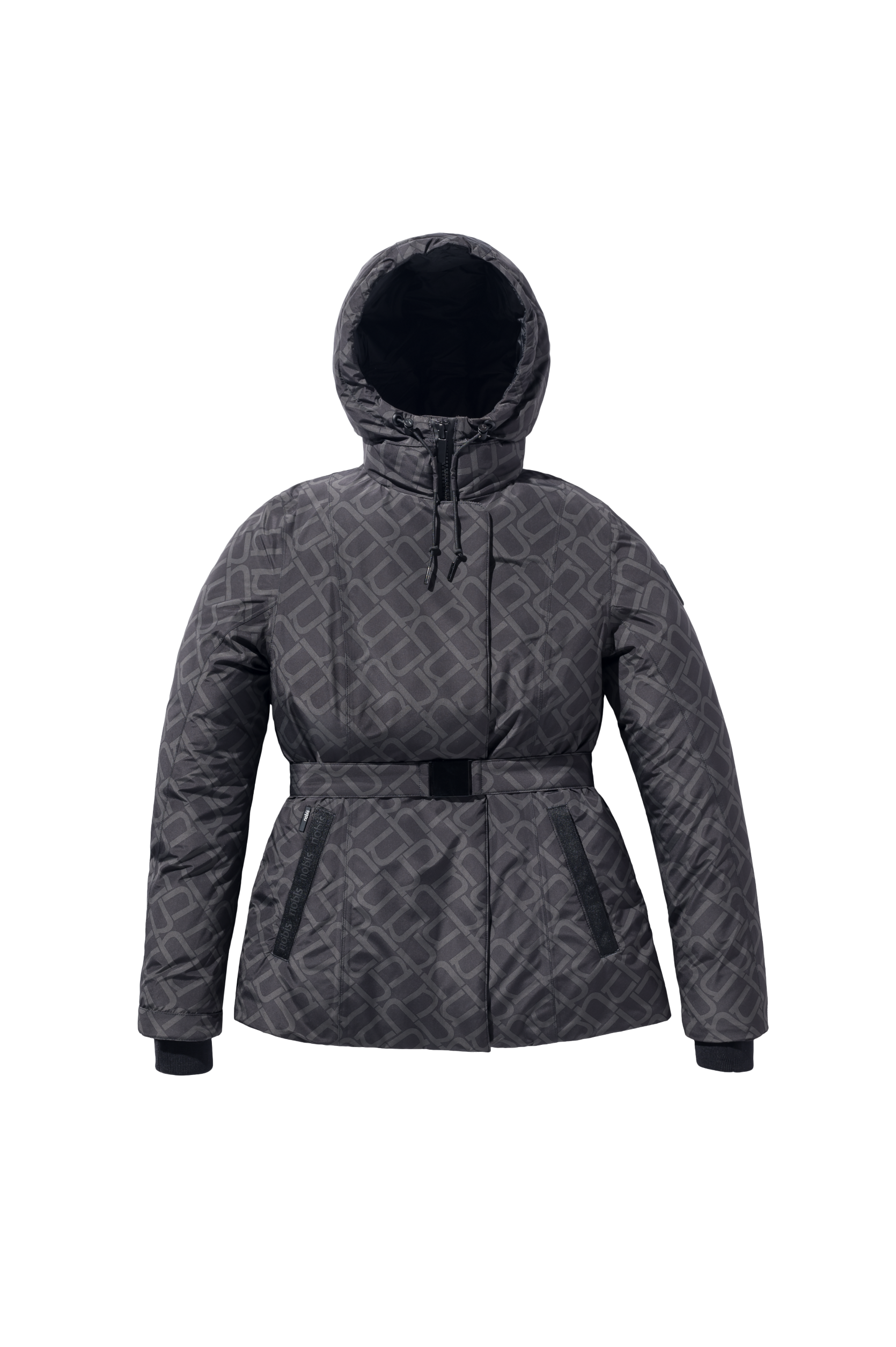 Ladies hip length down-filled parka with non-removable hood and adjustable belt in Dark Monogram