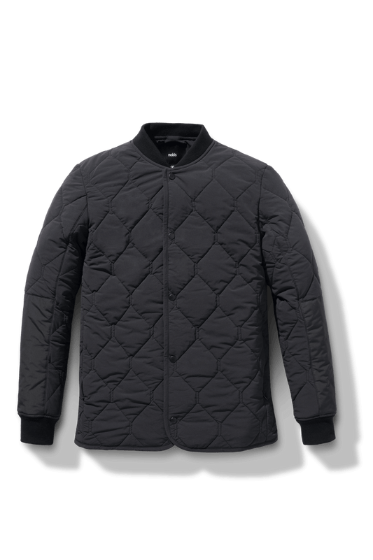 Speck Men's Tailored Mid Layer Jacket in hip length, Primaloft Gold Insulation Active+, diamond quilted body, rib knit collar and cuffs, snap buton front closure, and hidden side-entry zipper pockets at waist, in Black + Black