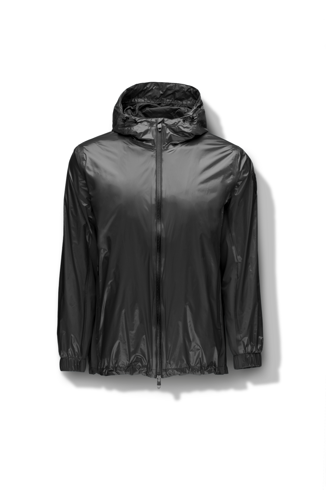 Stratus Men's Tailored Packable Rain Jacket in hip length, premium cire technical nylon taffeta and stretch ripstop fabrication, highly breathable mesh lining, hidden packable pocket, non-removable hood with adjustable draw cord, reflective piping along front and back, underarm grommets for extra breathability, back yoke with mesh ventilation, two waist zipper pockets, two interior zipper pockets, elastic cuffs with adjustable snap button, and adjustable interior draw cord at waist hem, in Black
