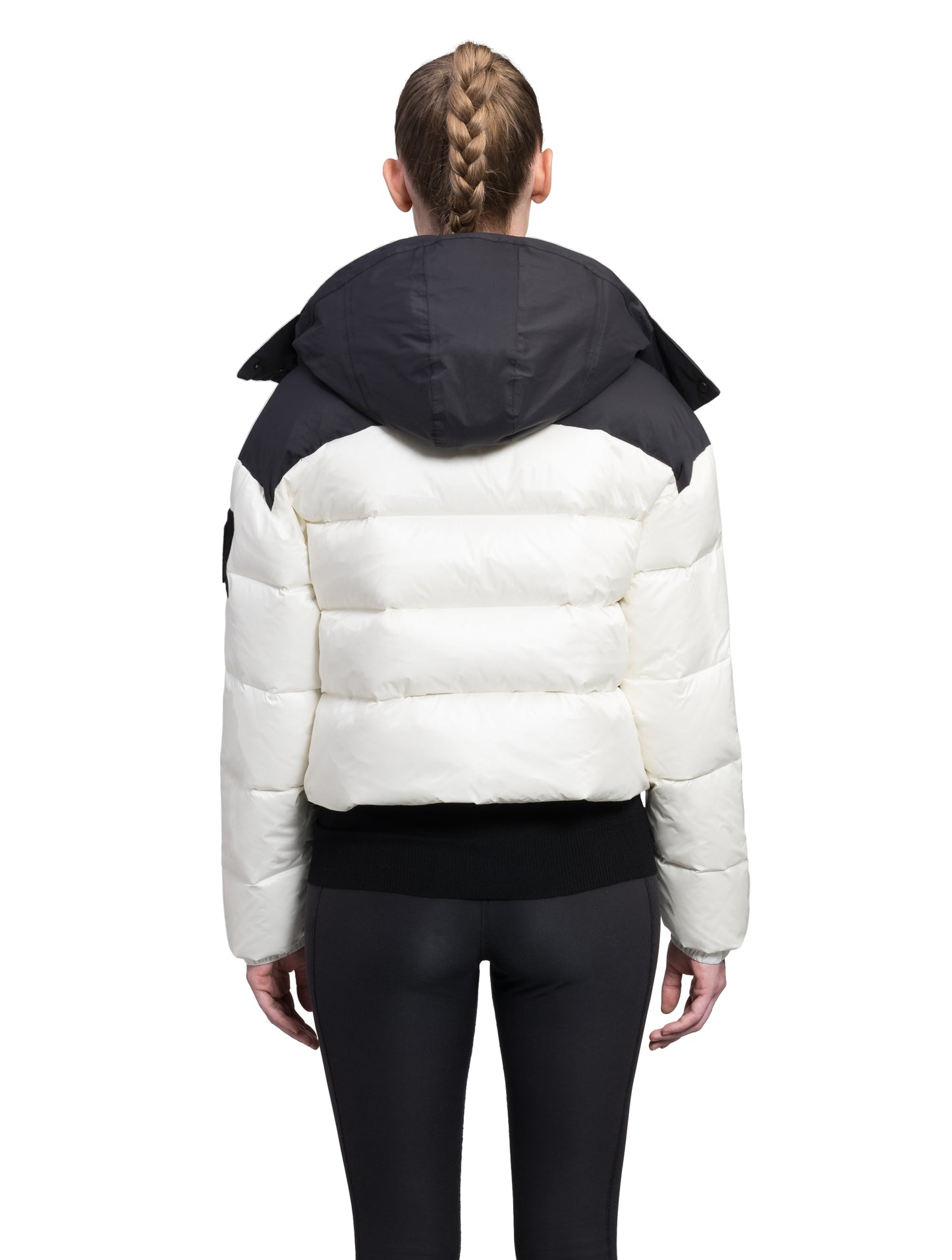 Tempus Women's Performance Short Puffer Jacket in waist length, premium technical nylon taffeta fabrication, Premium Canadian origin White Duck Down insulation, removable down-filled hood, two-way centre-front zipper, fleece-lined zipper pockets at waist, pit zipper vents, in Chalk