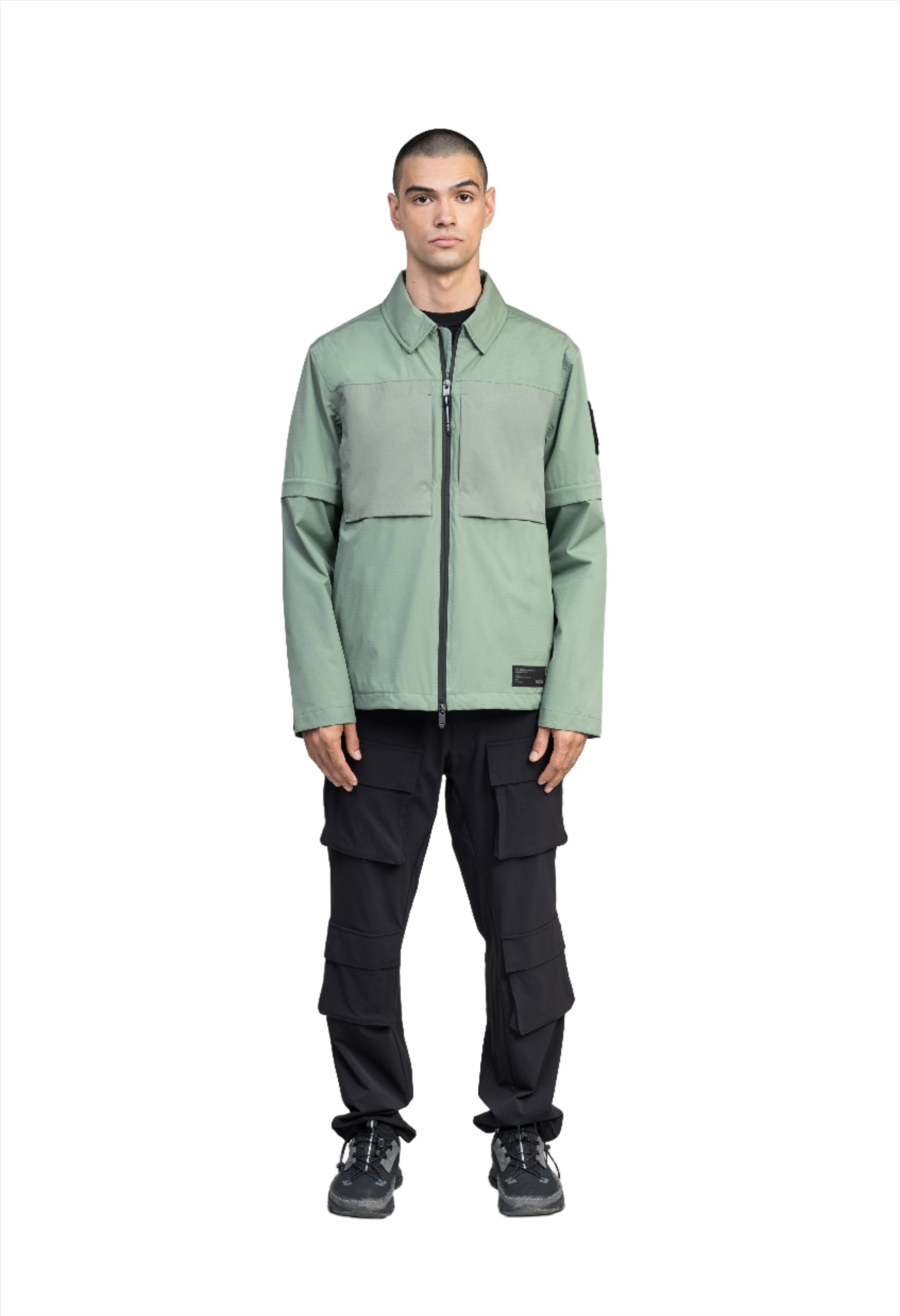 Thurlow Men's Performance Zip Off Sleeve Rain Shirt in hip length, convertible collar, patch chest zipper pockets, hidden in-seam pockets, zip off sleeves, centre front two-way zipper closure, in Duck Green
