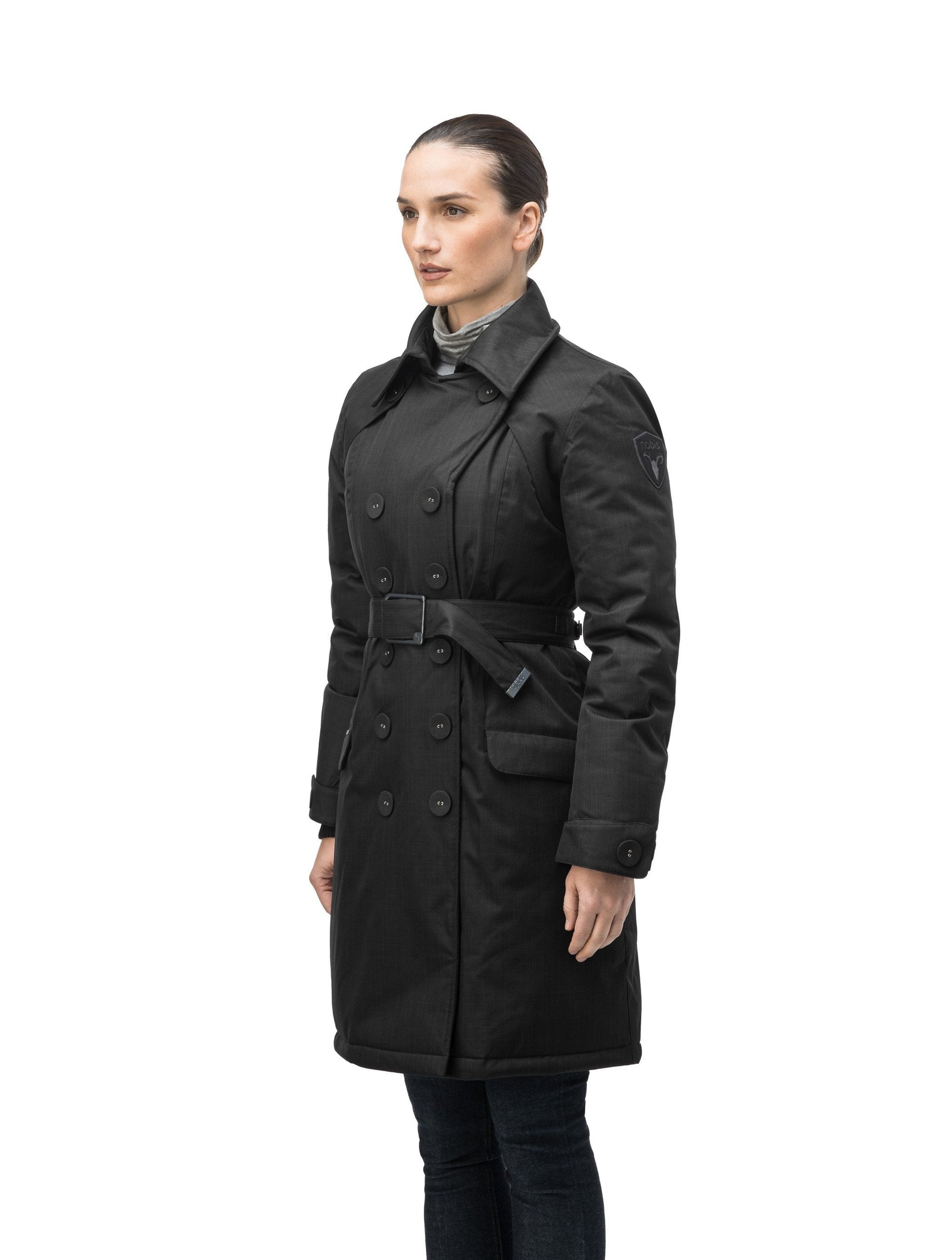 Women's down filled double breasted peacoat with a belted waist in CH Black