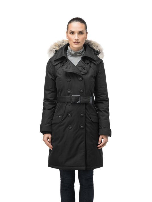 Women's down filled double breasted peacoat with a belted waist in CH Black + CH Black