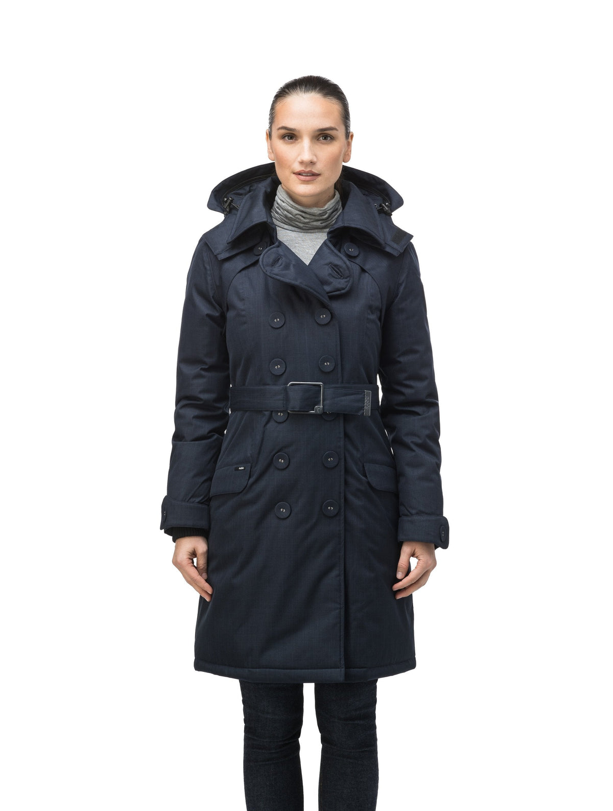 Women's down filled double breasted peacoat with a belted waist in Navy