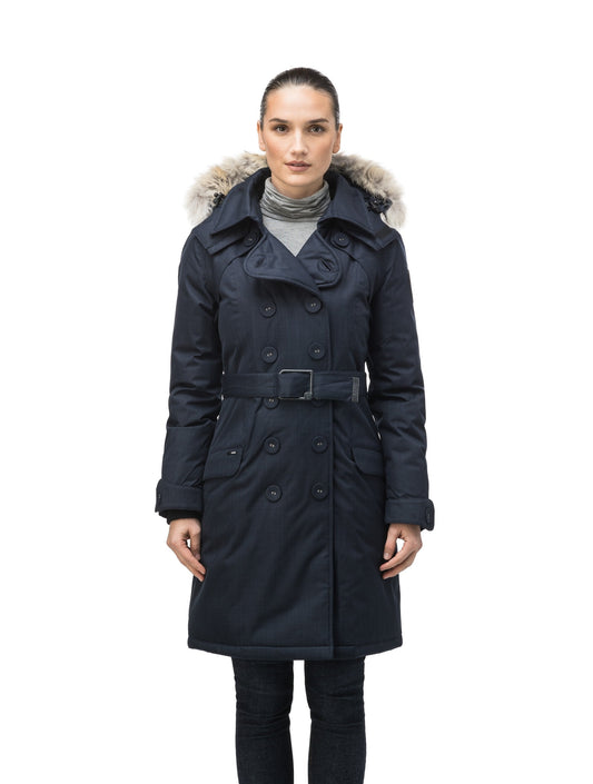 Women's down filled double breasted peacoat with a belted waist in CH Navy + CH Navy