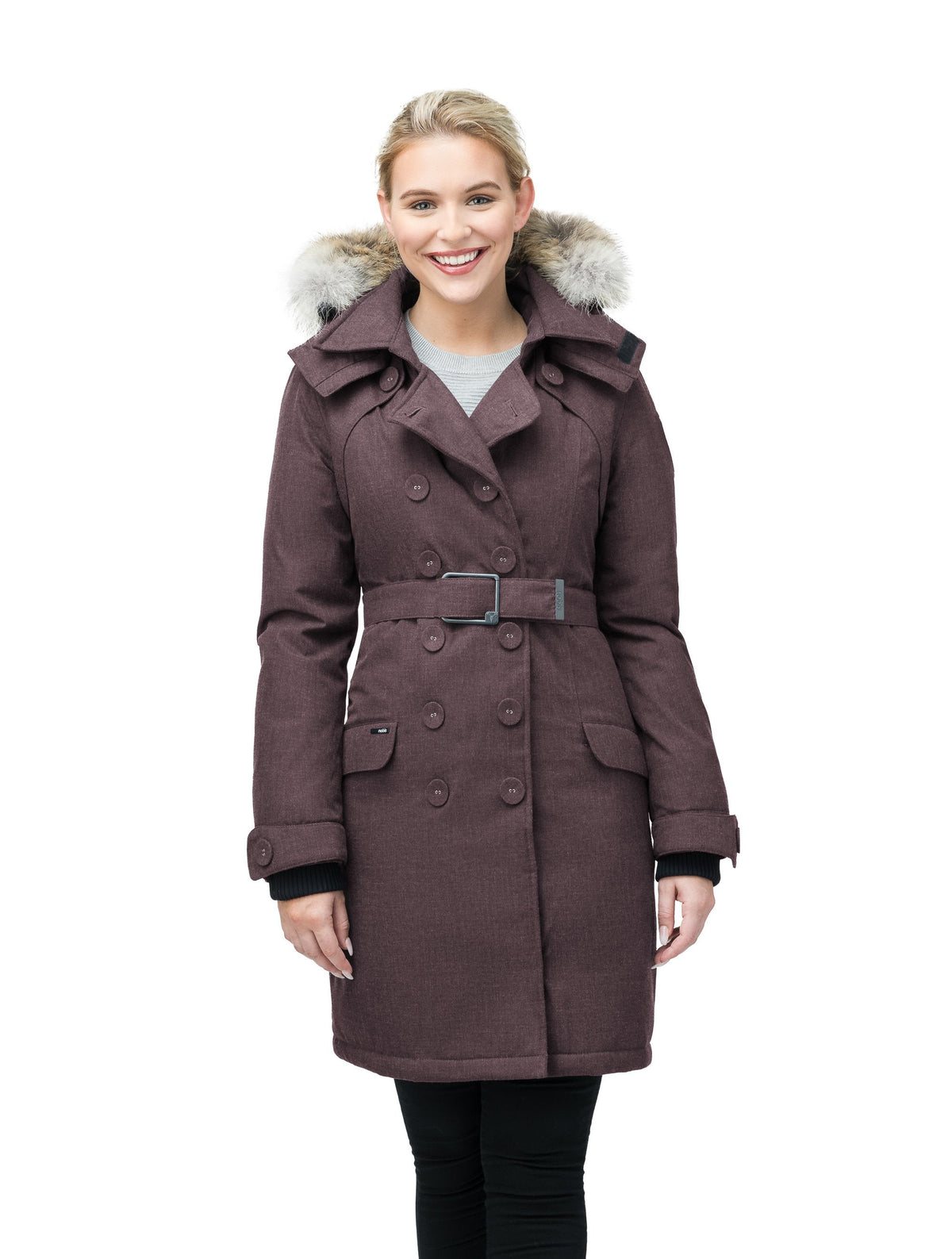 Women's down filled double breasted peacoat with a belted waist in Heather Burgundy