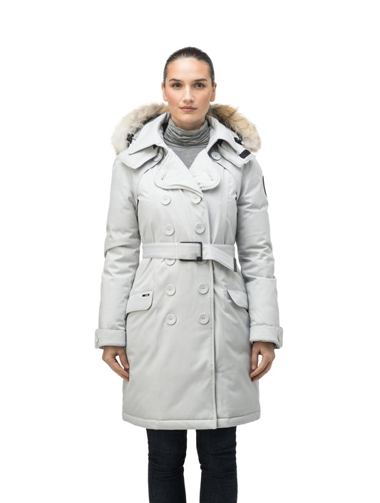 Women's down filled double breasted peacoat with a belted waist in CH Light Grey + CH Light Grey