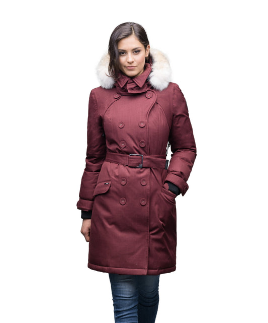 Women's down filled double breasted peacoat with a belted waist in CH Red Rum + CH Red Rum