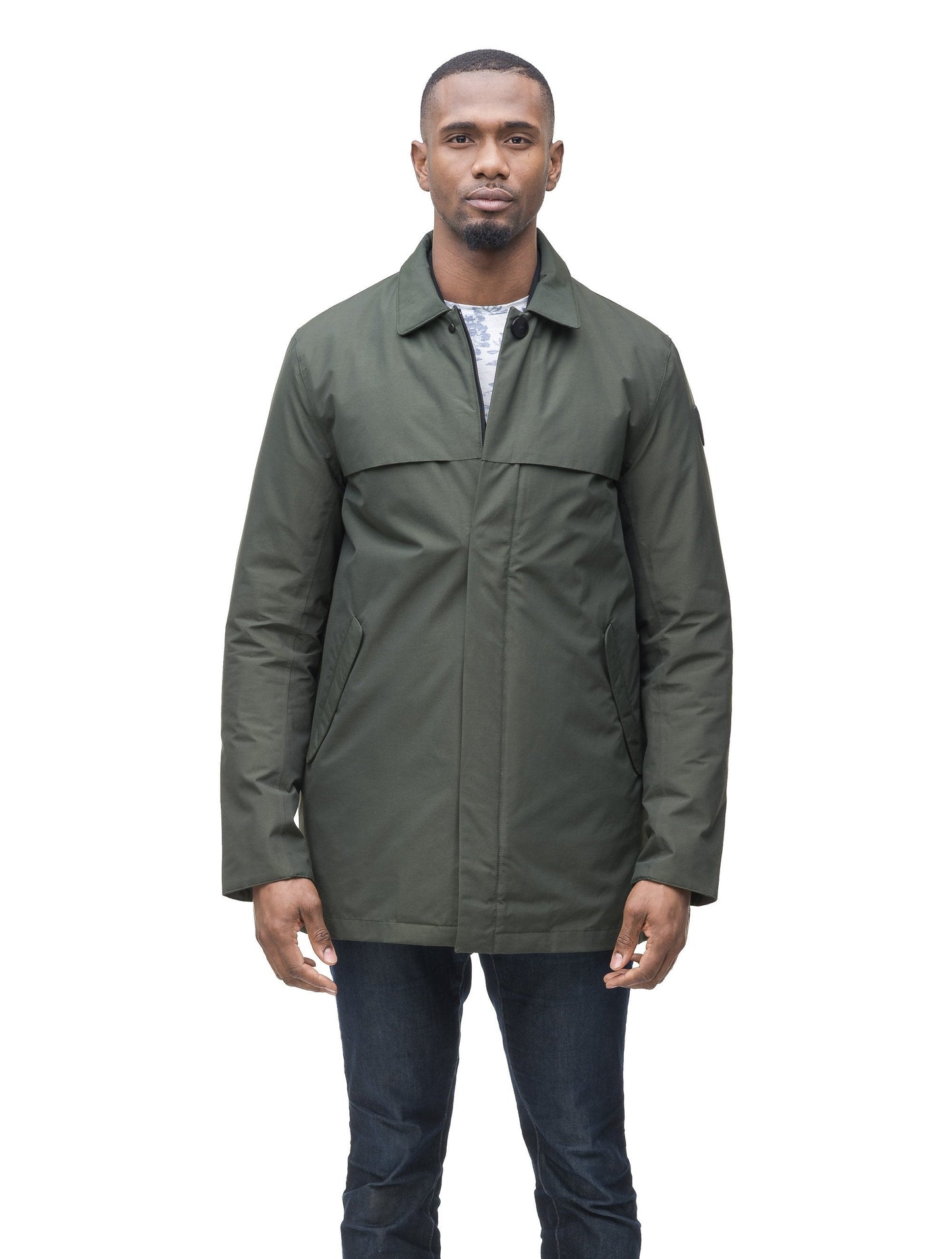 Men's waist length raincoat with a magnetic placket and top button detail in Dk Forest