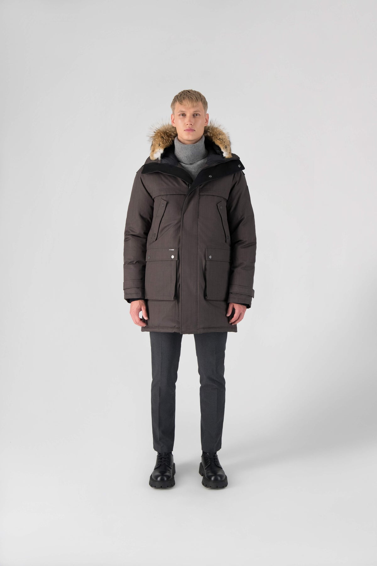 Men's Best Selling Parka the Yatesy is a down filled jacket with a zipper closure and magnetic placket in Steel Grey