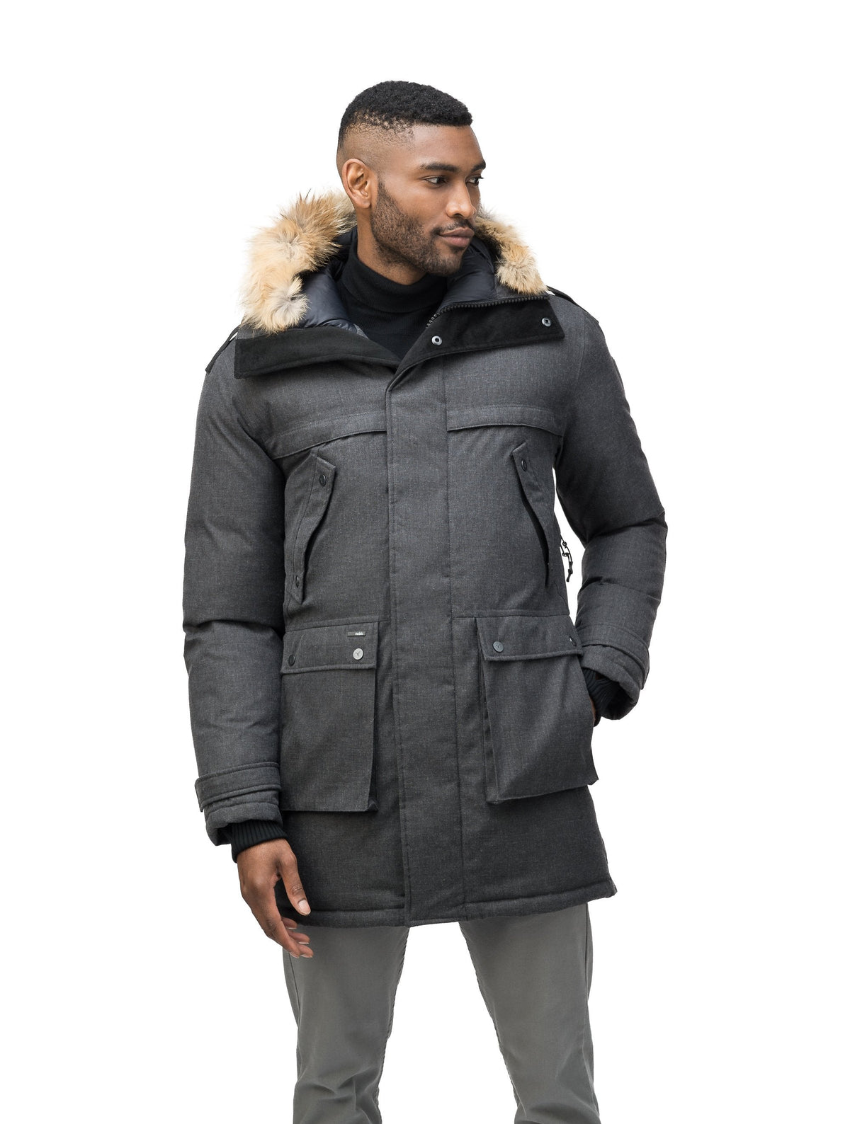Men's Best Selling Parka the Yatesy is a down filled jacket with a zipper closure and magnetic placket in Heather Charcoal