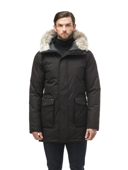 Men's slim fitting waist length parka with removable fur trim on the hood and two waist patch pockets in CH Black + CH Black
