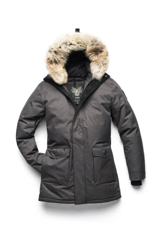 Men's slim fitting waist length parka with removable fur trim on the hood and two waist patch pockets in Steel Grey + Steel Grey