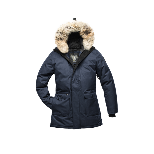Men's slim fitting waist length parka with removable fur trim on the hood and two waist patch pockets in CH Navy + CH Navy