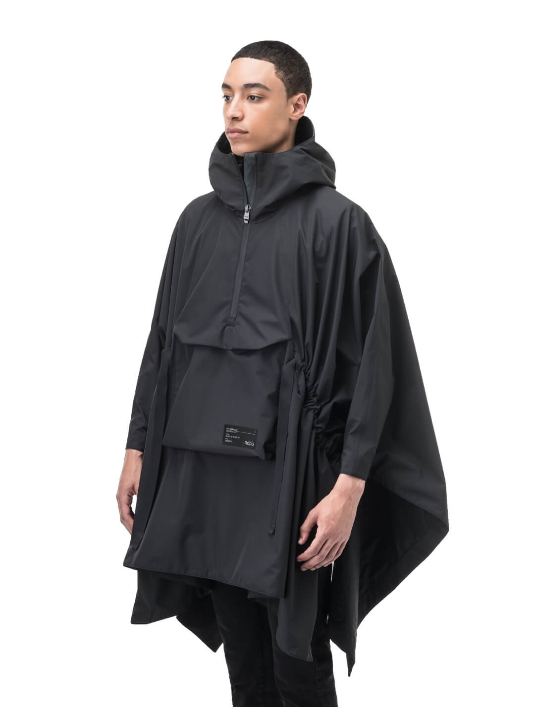 Hydra Unisex Performance Poncho in thigh length, non-removable hood, vertical half-zipper along centre front collar, hidden side-entry waist zipper pockets, adjustable webbing straps and snap closure cuffs, and packable to front kangaroo pocket with flap opening, in Black