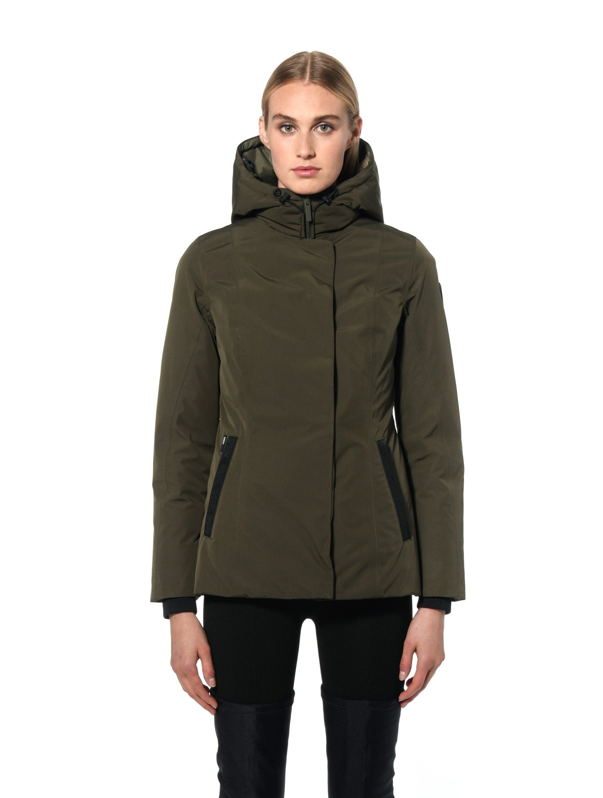 Ladies hip length down-filled parka with non-removable hood and adjustable belt in Fatigue