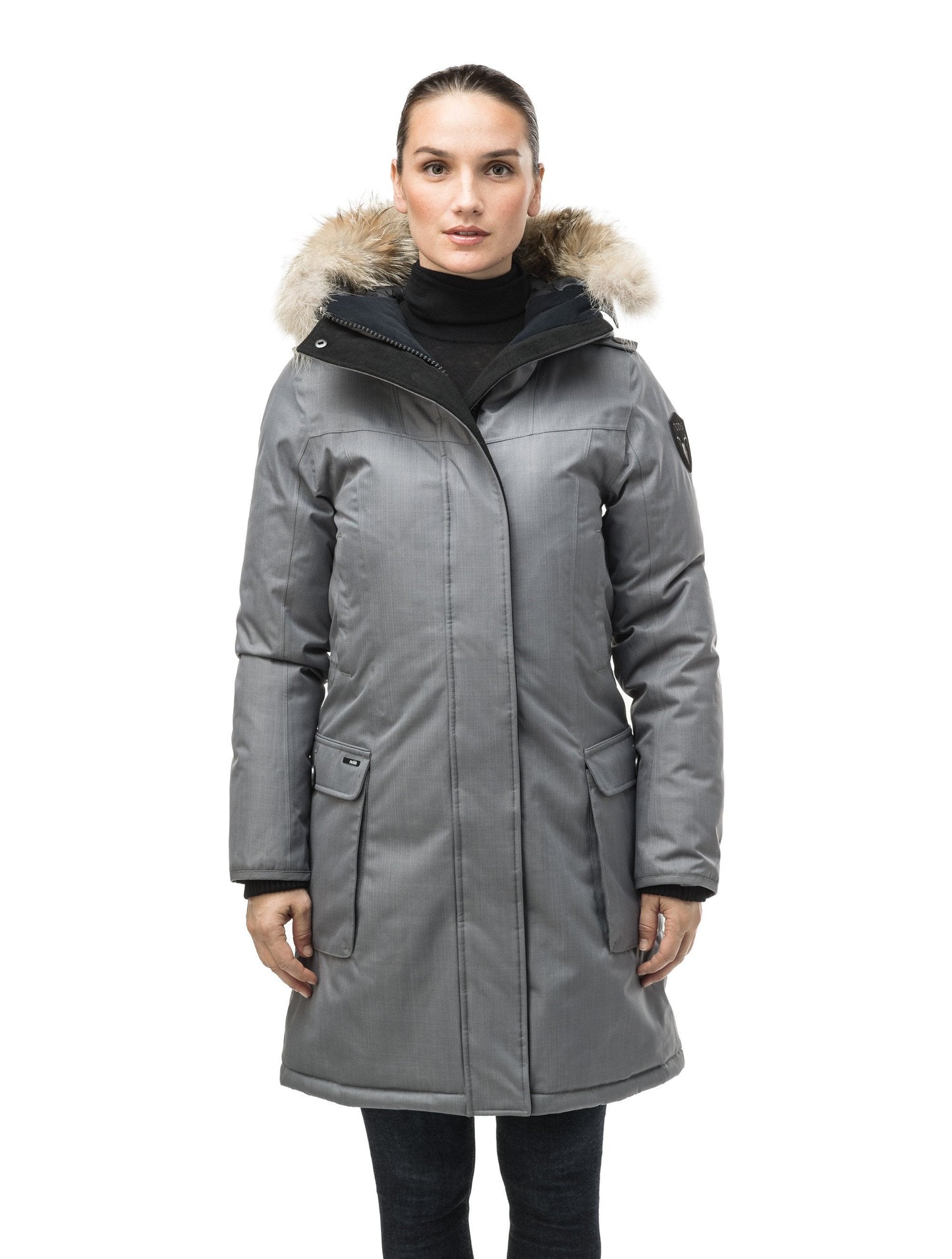 Women's knee length down filled parka with fur trim hood in CH Concrete
