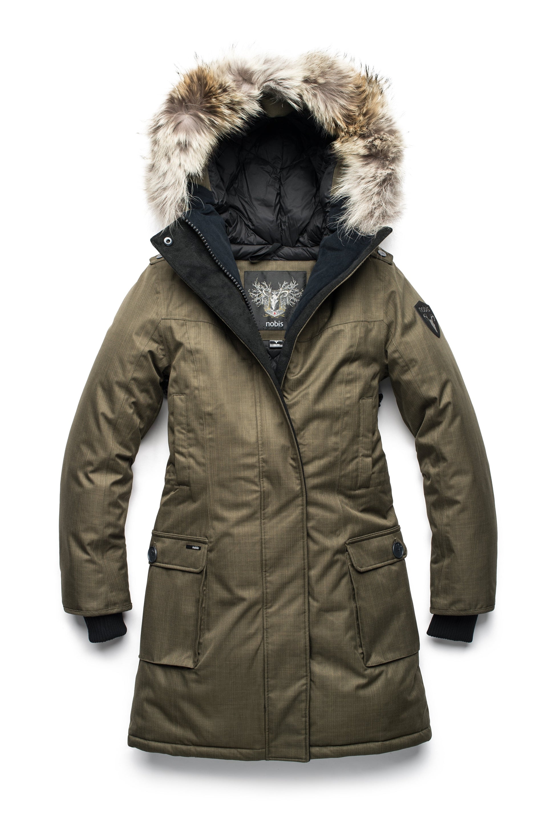 Women's knee length down filled parka with fur trim hood in CH Army Green