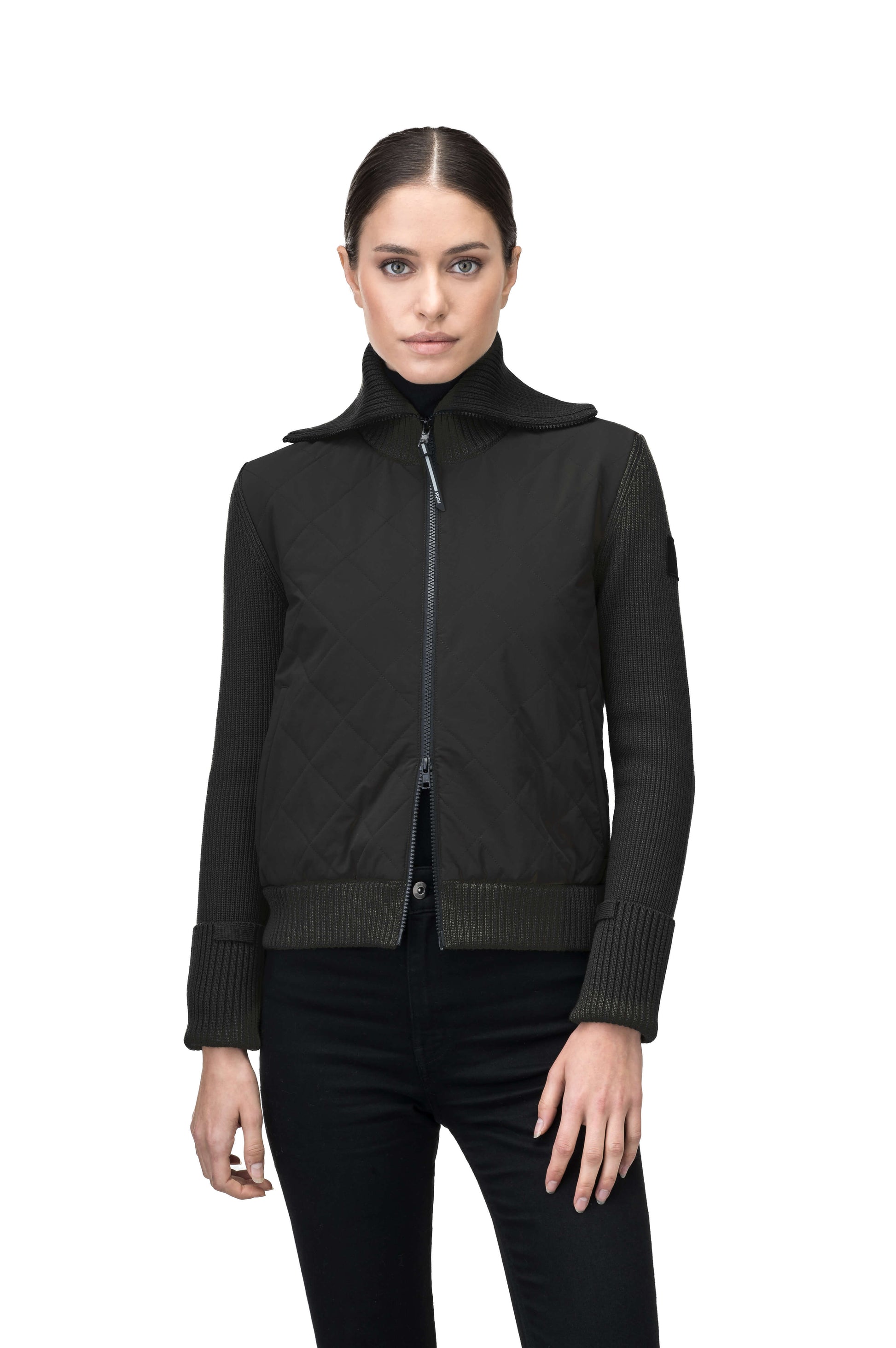 Ada Ladies Quilted Full Zip Sweater in hip length, PrimaLoft Gold Insulation Active+, Durable 4-Way Stretch Weave quilted torso, Merino wool knit collar, sleeves, back, and cuffs, two-way front zipper, and hidden waist pockets, in Black