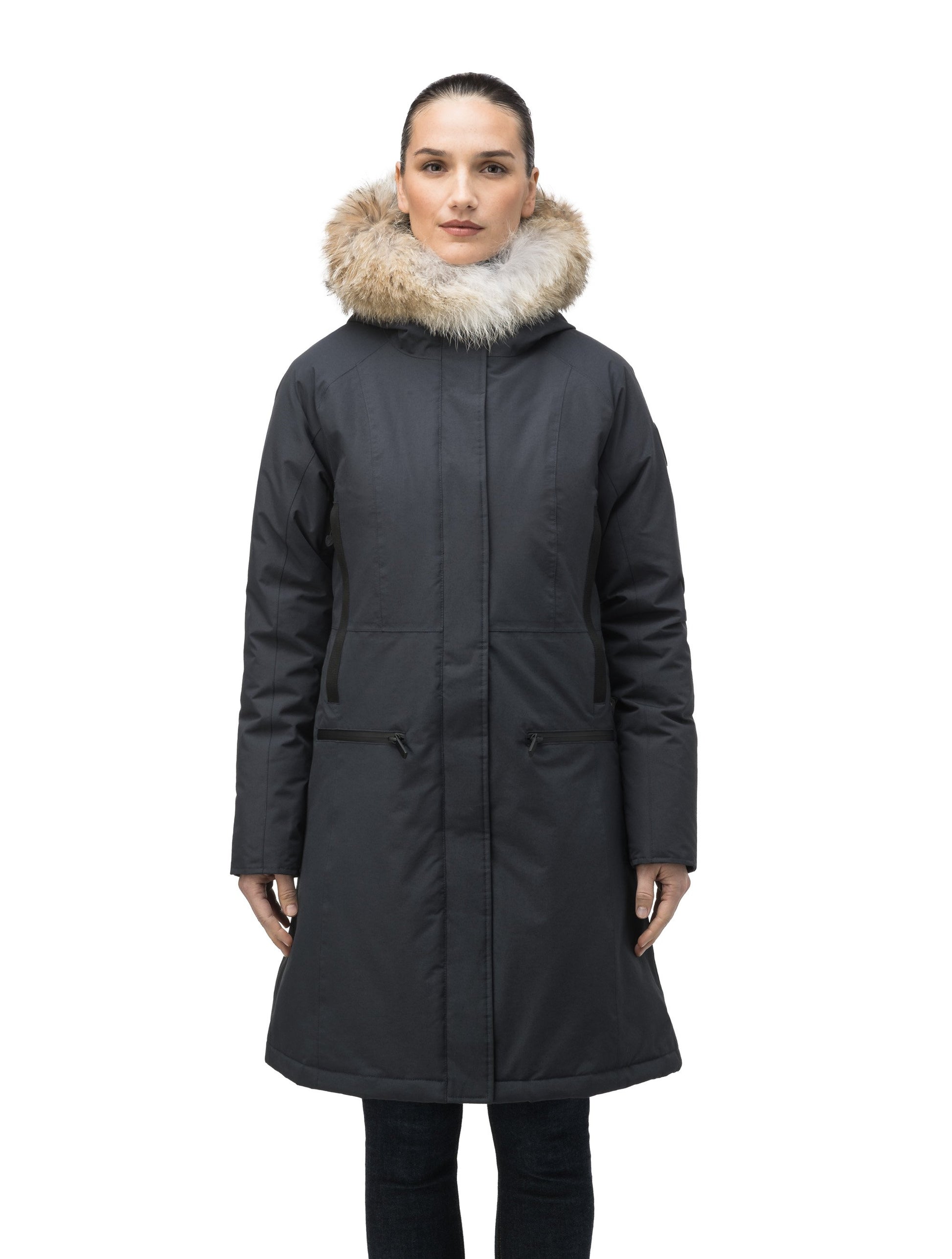 Knee length women's down filled parka with contrast ribbon accents and removable fur trim on the hood in Black