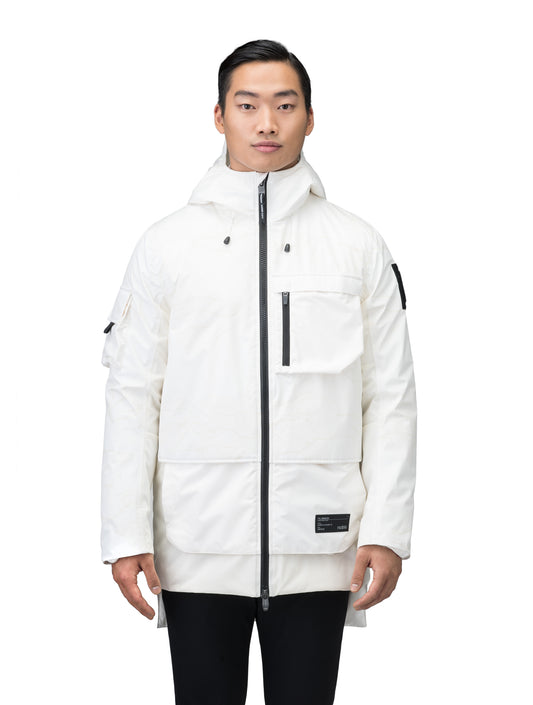 Alta Men's Performance Shell Jacket in hip length, Primaloft Gold Insulation Active+, chest and waist pockets, ventilation under arms, reflective detailing on hood and back, two-way front zipper, and non-removable hood with adjustable drawstrings, in Wheat Desert