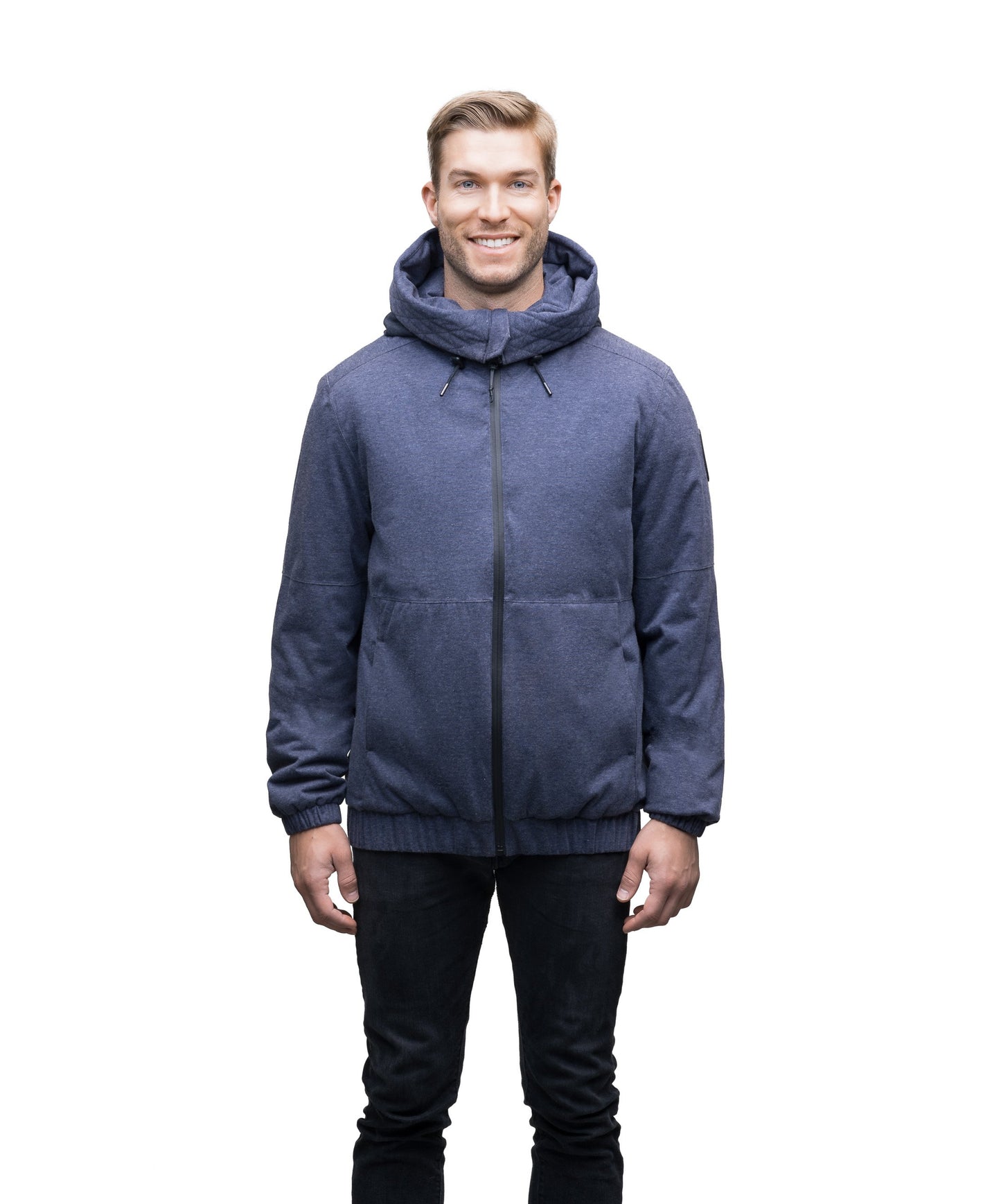 Men's lightweight down filled jersey hoodie that's windproof, waterproof and breathable in Navy