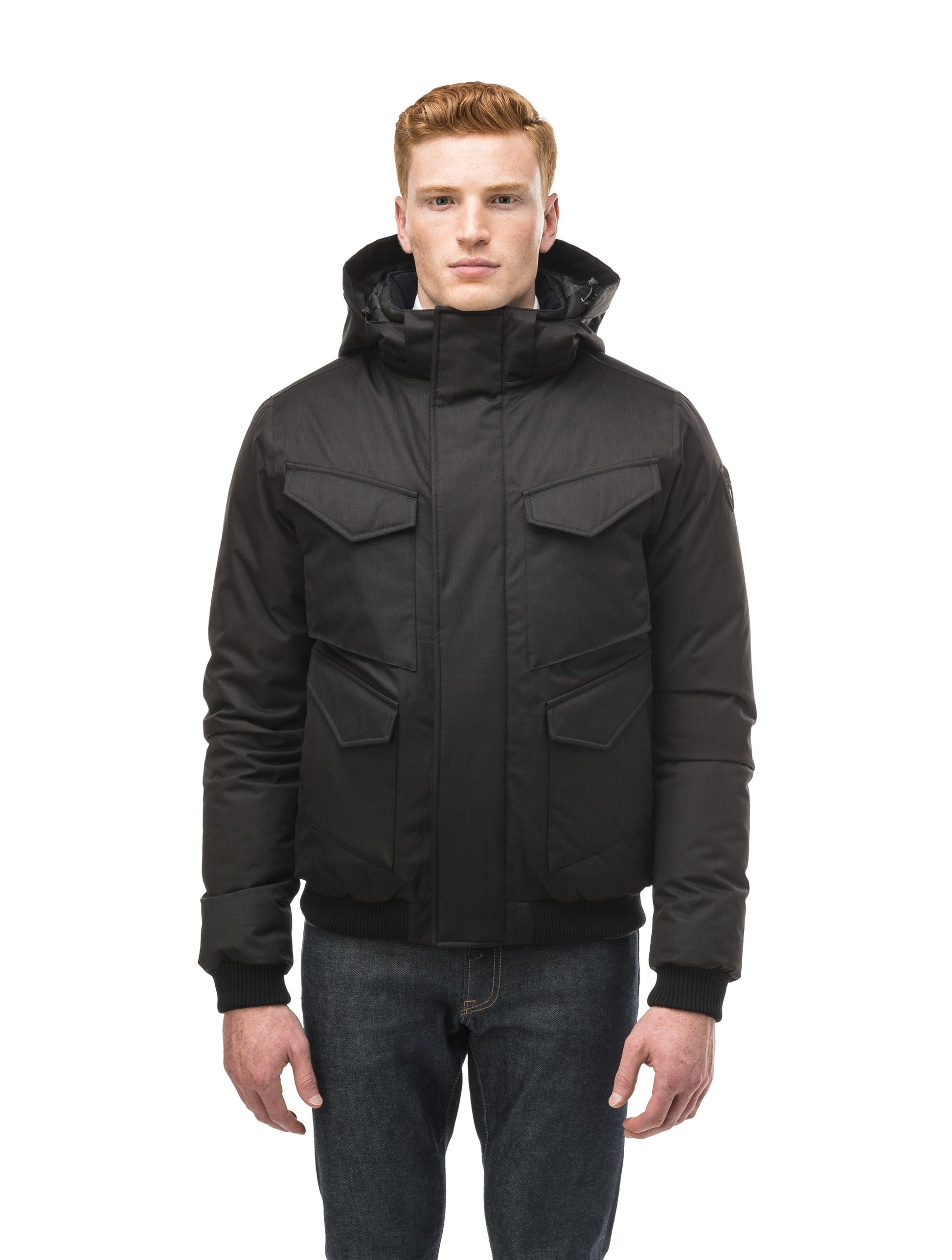 Men's waist length bomber with four huge pockets on the front in Black