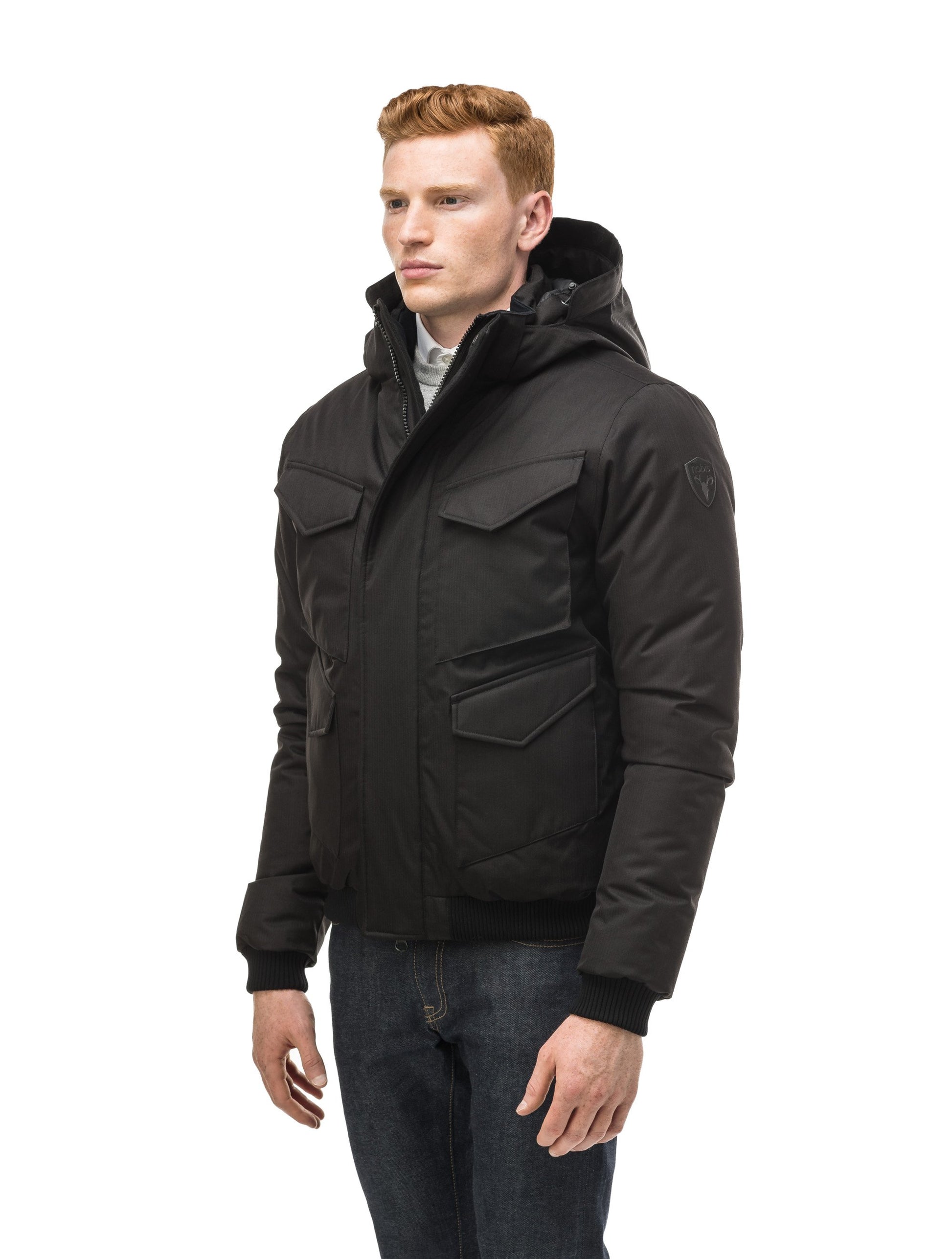 Men's waist length bomber with four huge pockets on the front in Black
