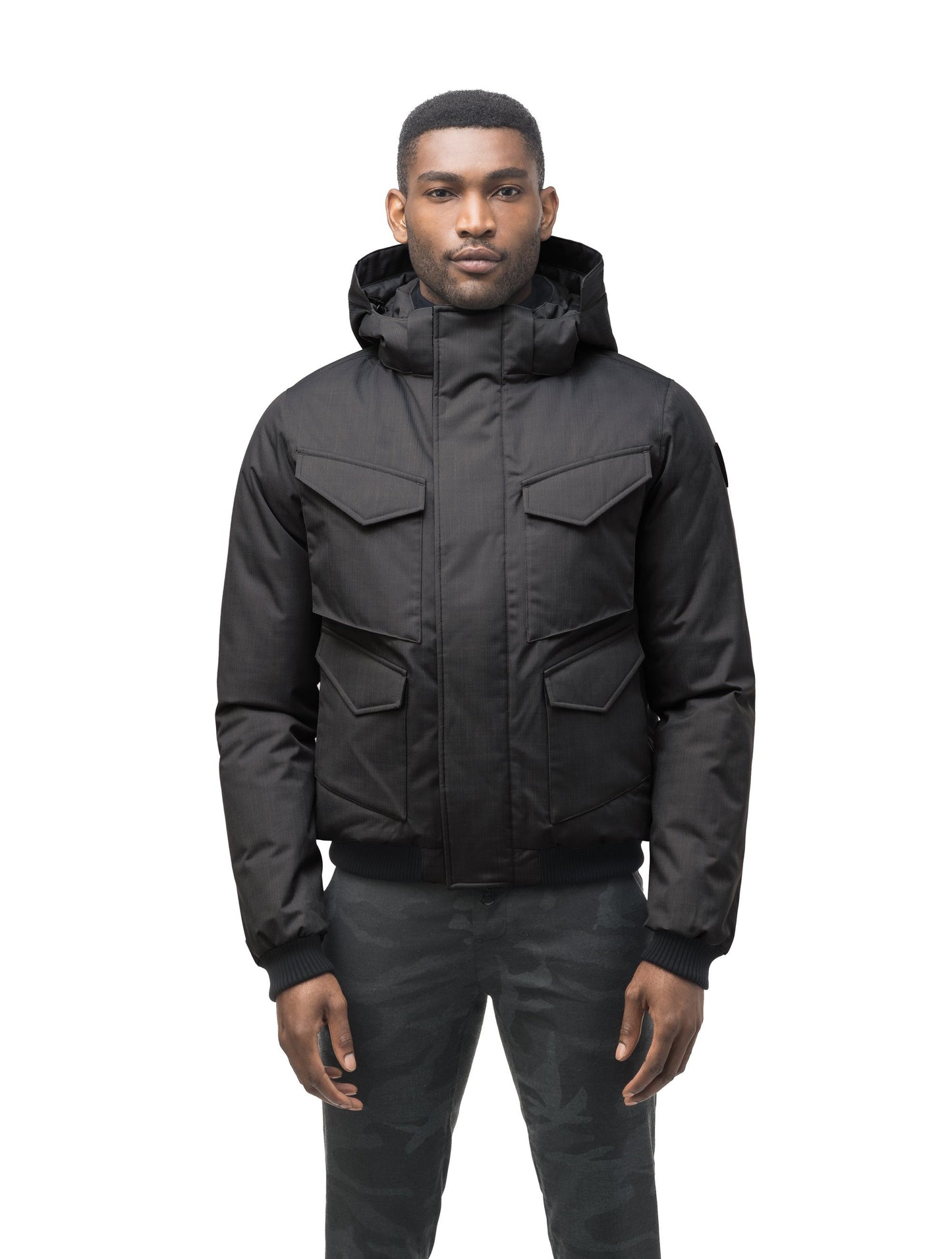 Men's waist length bomber with four huge pockets on the front in Black