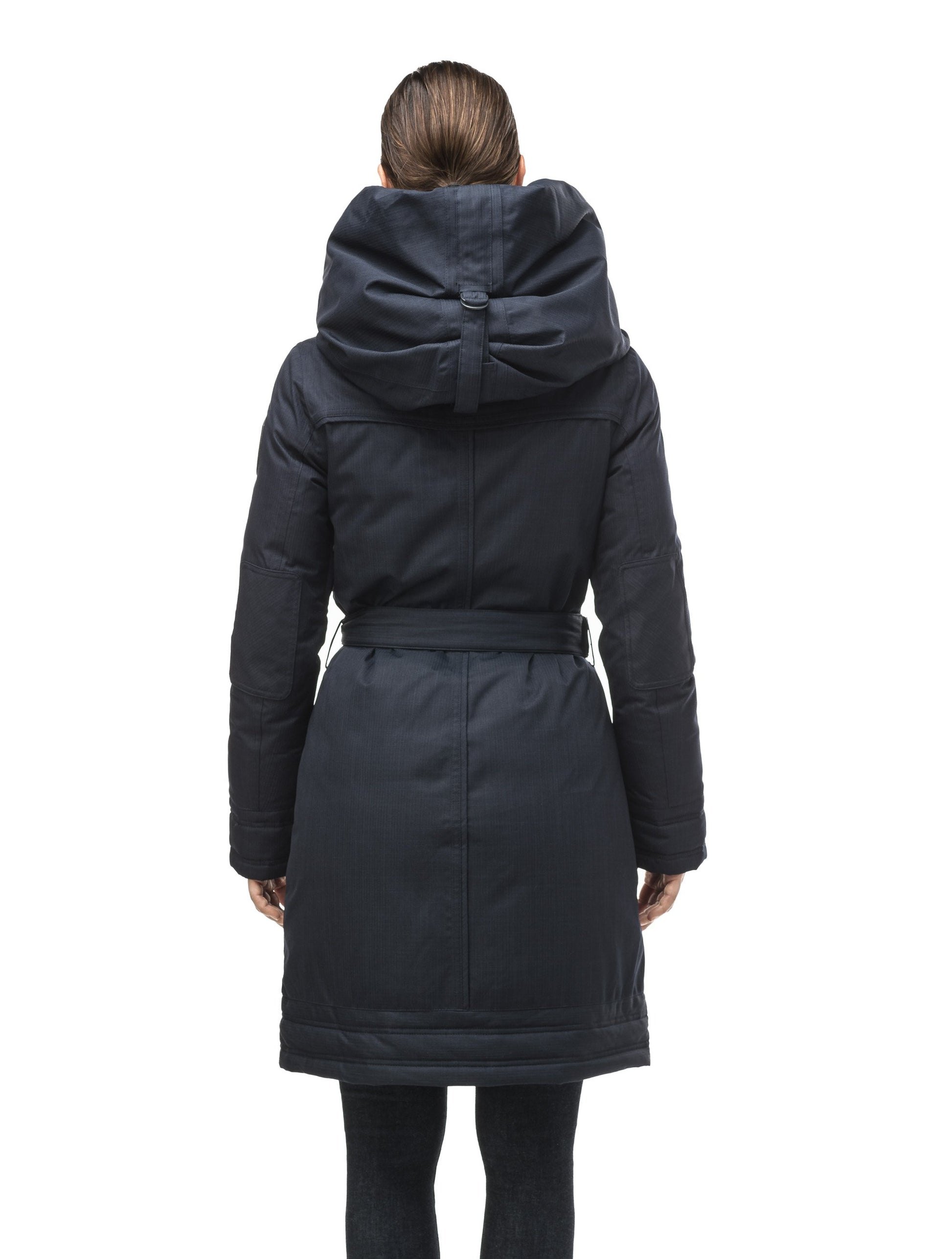 Women's Thigh length own parka with a furless oversized hood in CH Navy