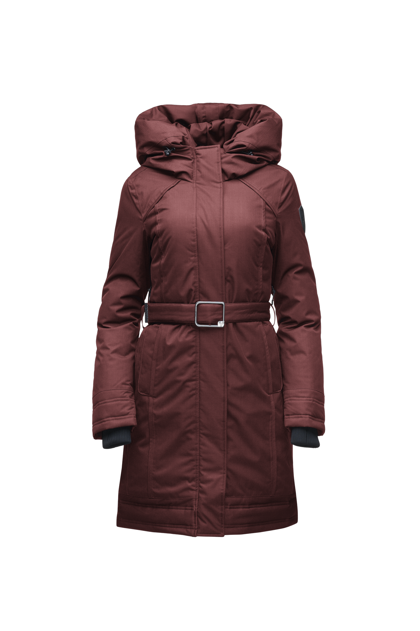 Women's Thigh length own parka with a furless oversized hood in CH Red Rum