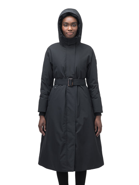 Women's knee length down filled parka with non-removable hood and adjustable belt in Black