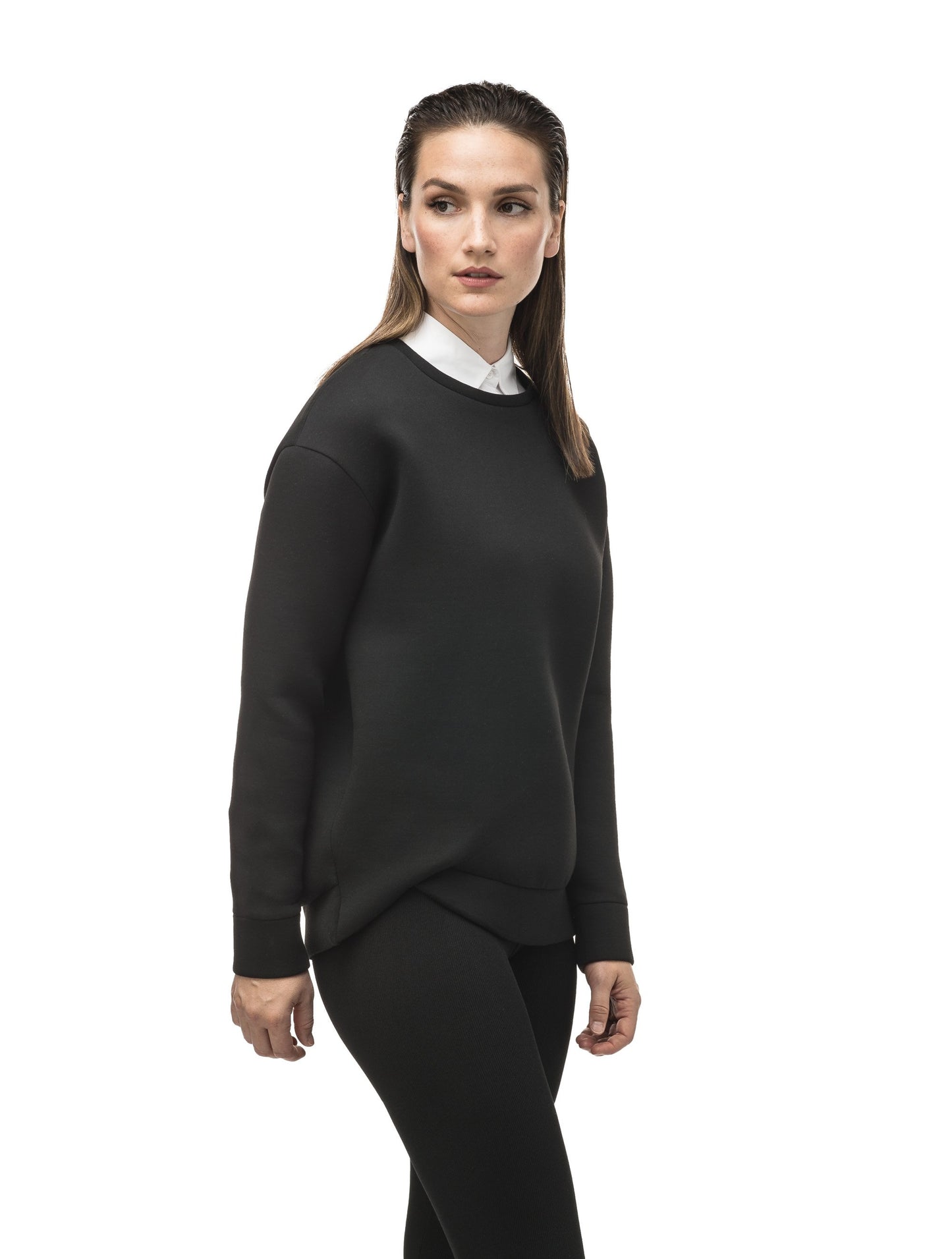 Classic black women's crew neck pullover with fold over hem detail in Black