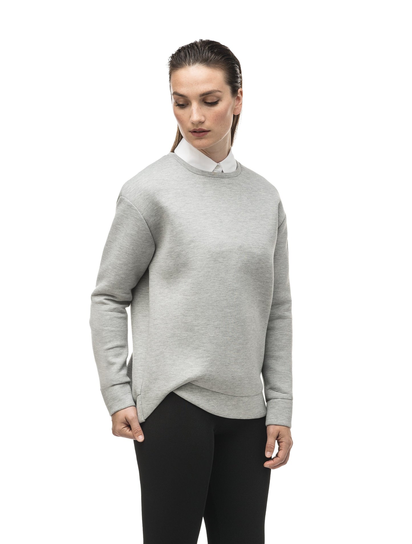 Classic women's crew neck pullover with fold over hem detail in Grey Melange